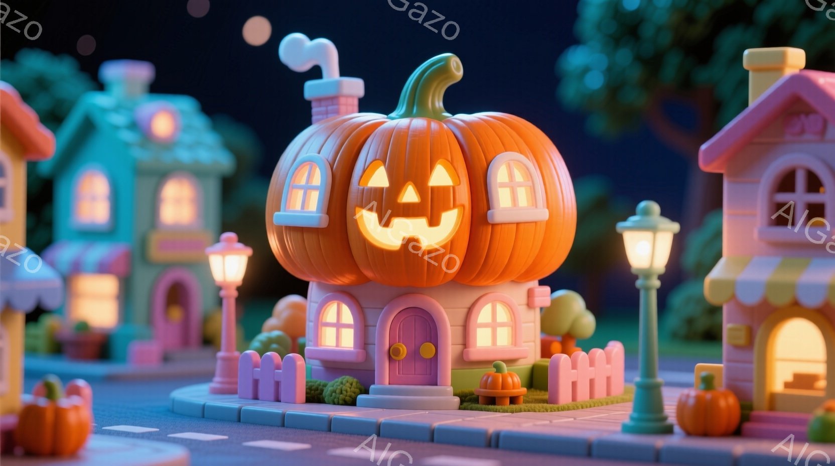 ハロウィーンを思わせる可愛らしい街並みを描いています。中心にはカボチャを模した家があり、明るいオレンジ色で、彫刻された顔が特徴的です。周囲には小さな家々が並び、街灯やカボチャの装飾がハロウィーンの雰囲 - AI生成フリー素材