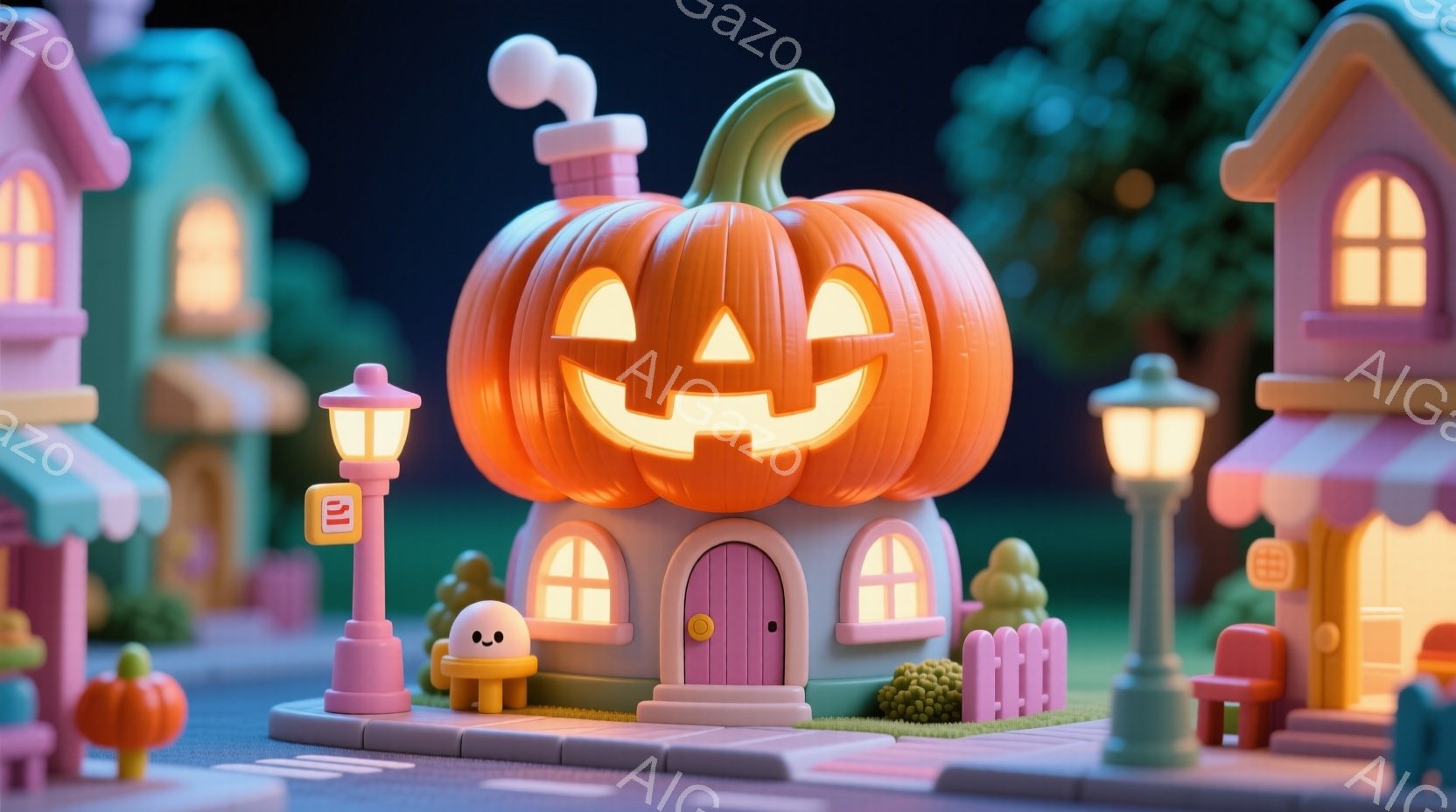ホログラフィック技術を使用した、独特のデザインスタイルの中にある異世界のストリートシーンです。視点は地面から上がっており、昆虫のような姿勢をとる人形キャラクターが集まっています。 中心にはパンプキンハウスがあり、屋根からジャックオーリングのような照明が漏れ落ちているように見えます。周囲には他のパンプキンキャラクターが住んでおり、これらは昆虫を模したファッションや装飾で装飾されています。 環境には暗い様子で、紅茶色の屋根があり、夜空の背景を持っています。全体的にこの場所はホログラフィックのような不思議な世界の雰囲気を持っており、楽しさと奇妙さが漂っている印象を与えます。
