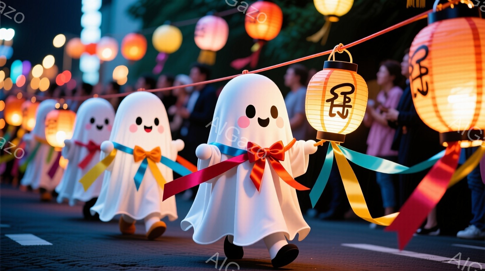 白い幽霊のような姿をしたキャラクターが、提灯を手にしながら道路を歩いている。それぞれのキャラクターは、オレンジ、ピンク、緑、黄色と異なる色のリボンで装飾されており、愛らしい表情を浮かべている。背景にはぼやけた人々の姿が見え、提灯が並び、夜の祭りのような賑やかな雰囲気を醸し出している。