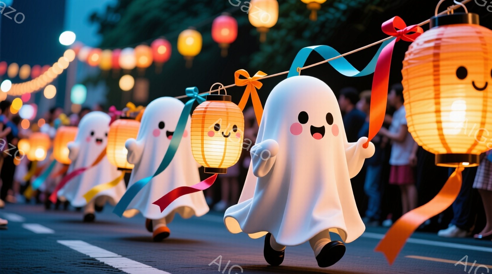 提灯を持った可愛らしい幽霊のようなキャラクターが列をなして歩いています。彼らはそれぞれ異なる色のリボンを持っており、顔には笑顔が描かれています。背景にはぼやけた人々の姿と、提灯が飾られた夜の道が見え、 - AI生成フリー素材