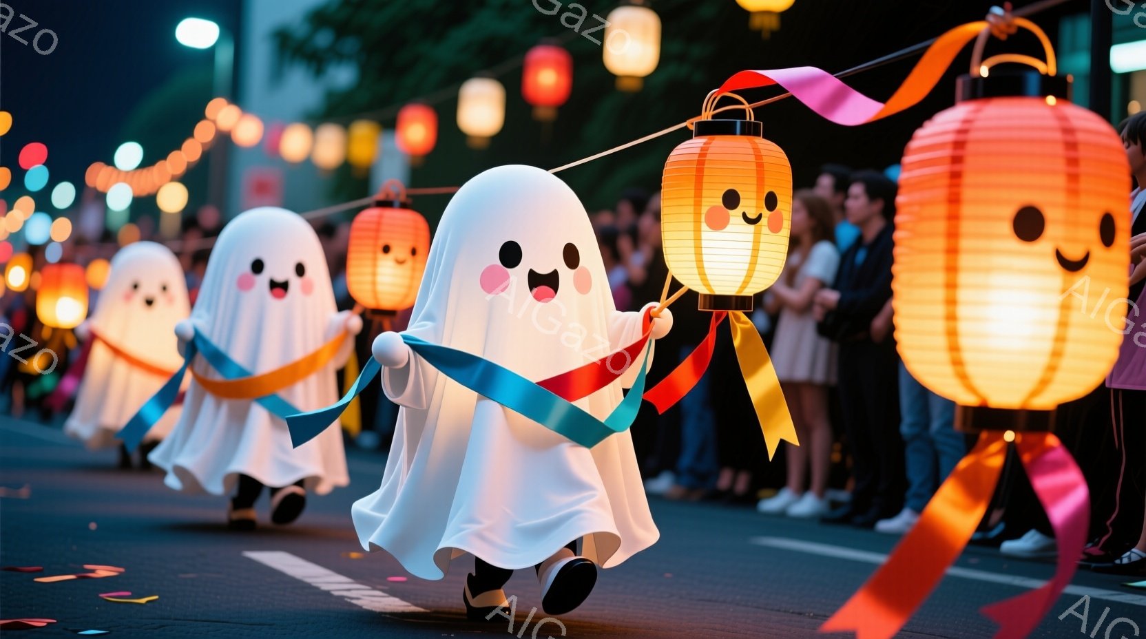 白い幽霊のような衣装を着た人々が、提灯を持って列を作って歩いている。提灯はオレンジ色で、それぞれ異なる色のリボンが結び付けられている。背景にはぼやけた人々と建物が見え、夜の祭りのような、賑やかで楽しい雰囲気が漂っている。