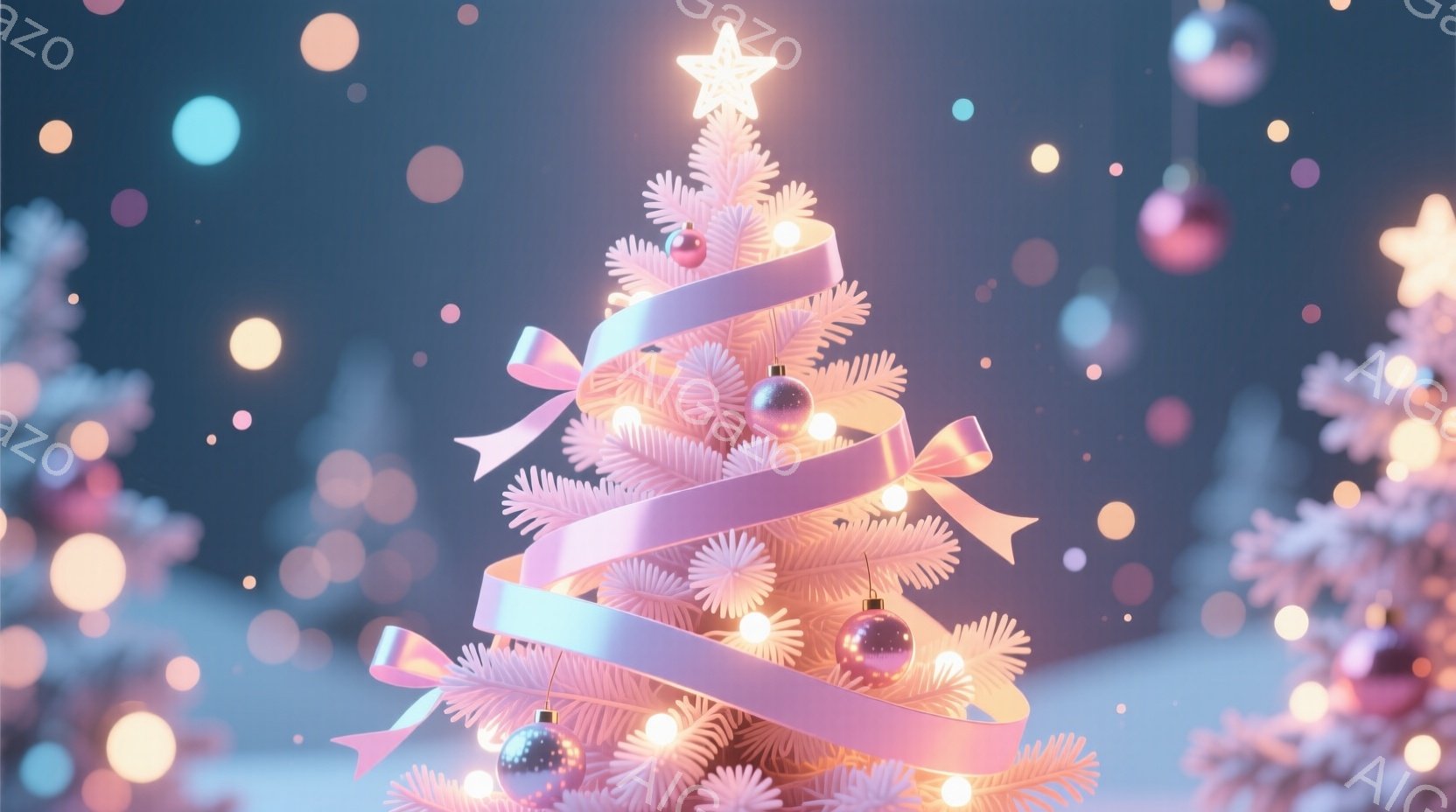 白いクリスマスツリーが、きらめく電飾とオーナメントで飾られています。背景にはぼやけた光の粒と、雪景色のような淡い青色の背景が広がっており、幻想的な雰囲気を醸し出しています。全体的に柔らかい色合いで、温 - AI生成フリー素材