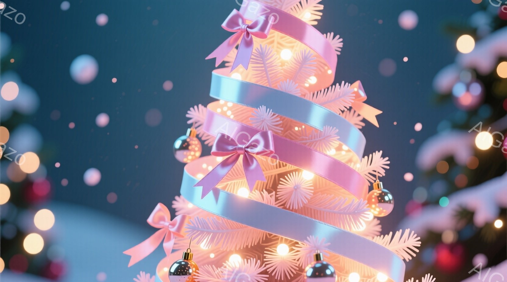 ピンク色のリボンと電飾で飾られたクリスマスツリーの一部を捉えています。背景にはぼやけた緑色のクリスマスツリーと、雪のような光の粒子が散りばめられており、幻想的な雰囲気を醸し出しています。全体的に柔らかく温かい光が差し込み、ホリデーシーズン特有の優雅さと静けさを示唆しています。