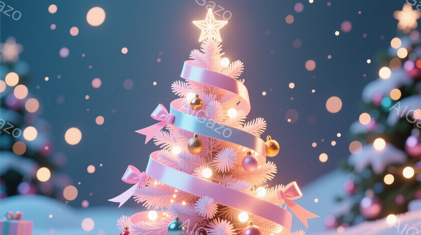 白いクリスマスツリーが雪景色の中に立っており、キラキラと輝くオーナメントとリボンで飾られています。背景はぼやけた光の粒子で満たされ、クリスマスの魔法のような雰囲気を醸し出しています。全体的に、暖かく、 - AI生成フリー素材