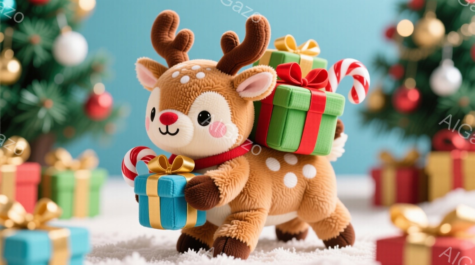 ふわふわの茶色のトナカイのぬいぐるみは、赤いリボンをつけており、プレゼントをたくさん抱えています。トナカイは雪の上に立っており、顔は可愛らしい表情で、プレゼントを運んでいる様子が描かれています。背景に - AI生成フリー素材