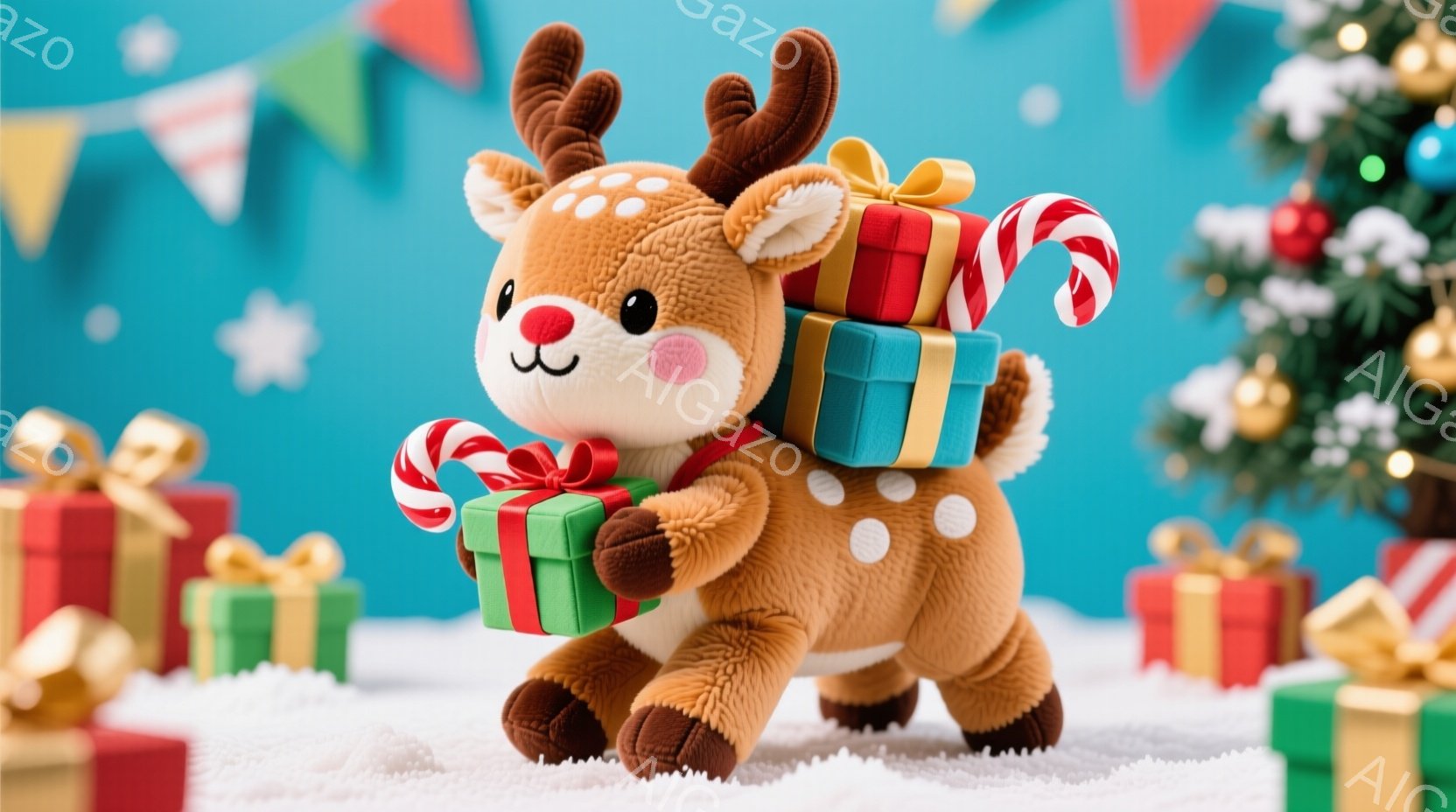 ふわふわの茶色のトナカイのぬいぐるみは、積み重ねられた緑と赤のギフトボックスを抱えています。背景は水色の背景に雪が積もり、金色のオーナメントと赤いリボンで飾られたクリスマスツリーがあります。全体的に暖 - AI生成フリー素材