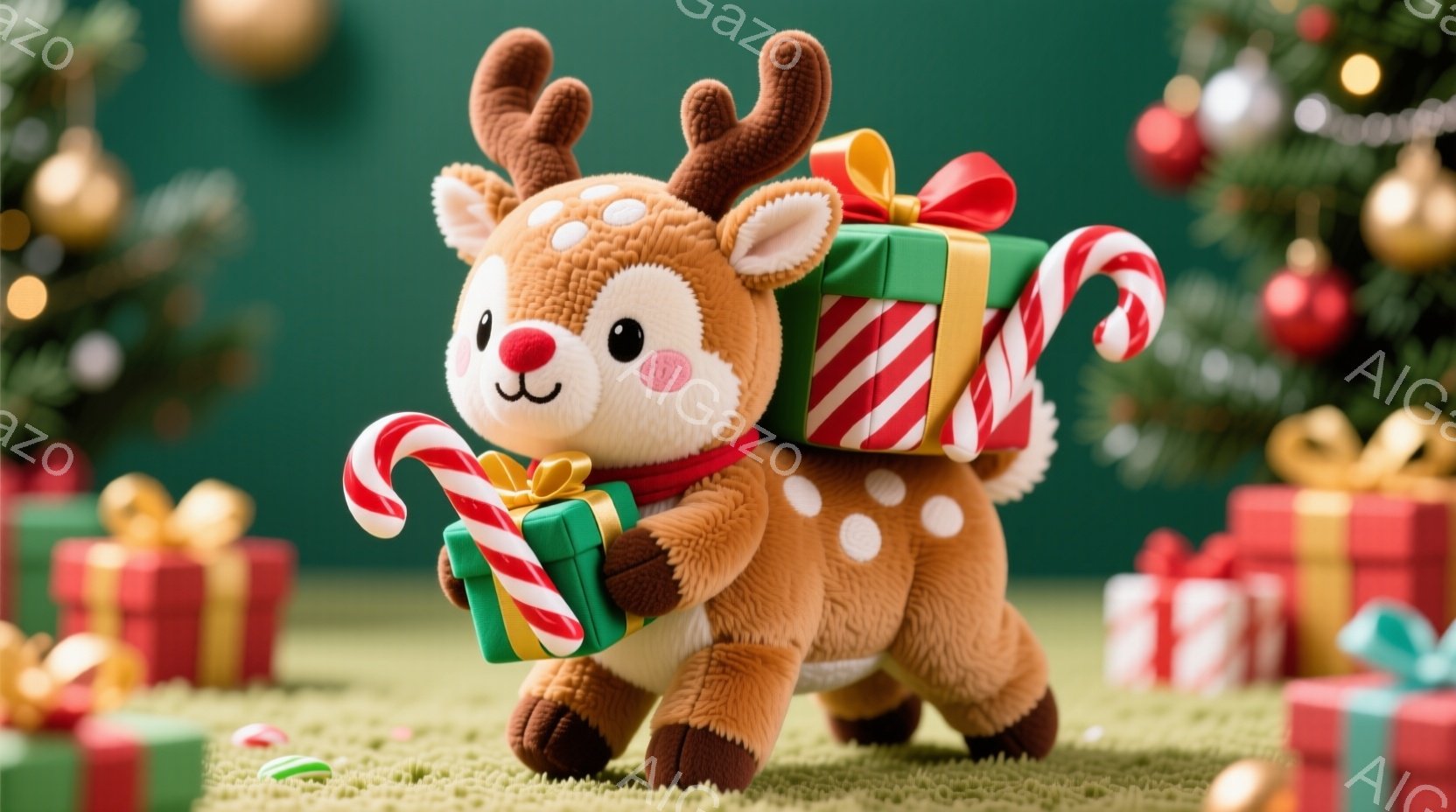 ふわふわの茶色のトナカイのぬいぐるみは、赤いリボンを首に巻き、プレゼントの箱をたくさん抱えています。プレゼントは緑色で金色のリボンが飾られており、キャンディケーンも一緒に抱えています。背景には、クリス - AI生成フリー素材
