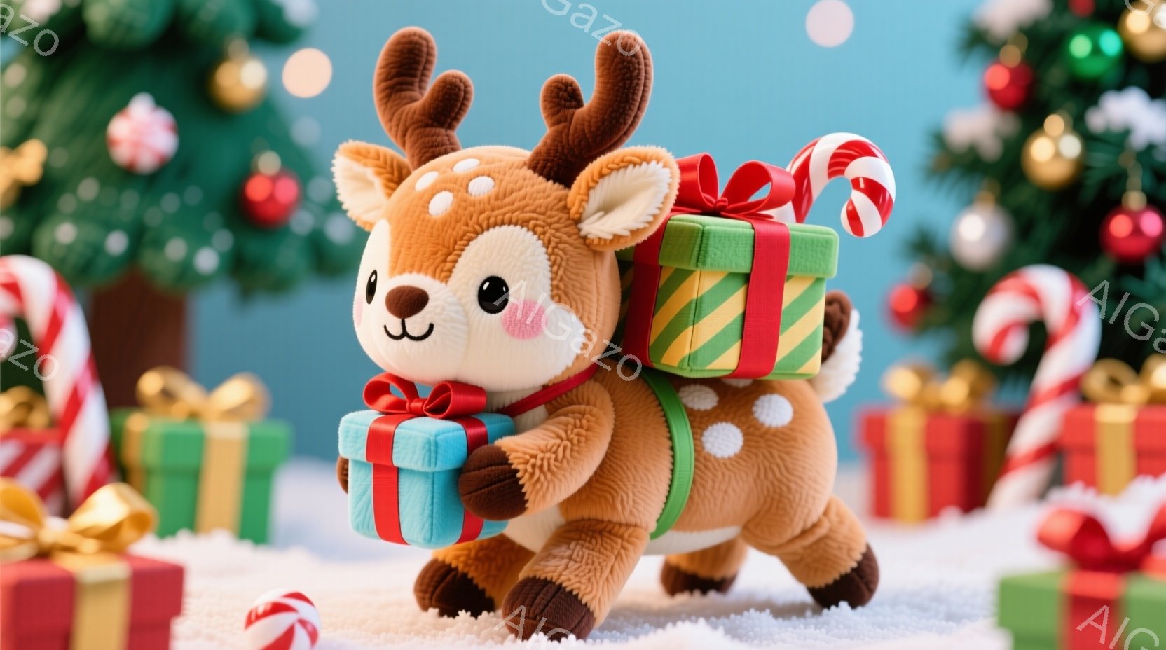 ふわふわの茶色のトナカイのぬいぐるみは、赤いリボンで結ばれた緑と青のプレゼントを何個か積み重ねています。背景にはクリスマスツリーやキャンディケーン、雪が敷かれた白い地面があり、クリスマスの暖かく可愛ら - AI生成フリー素材