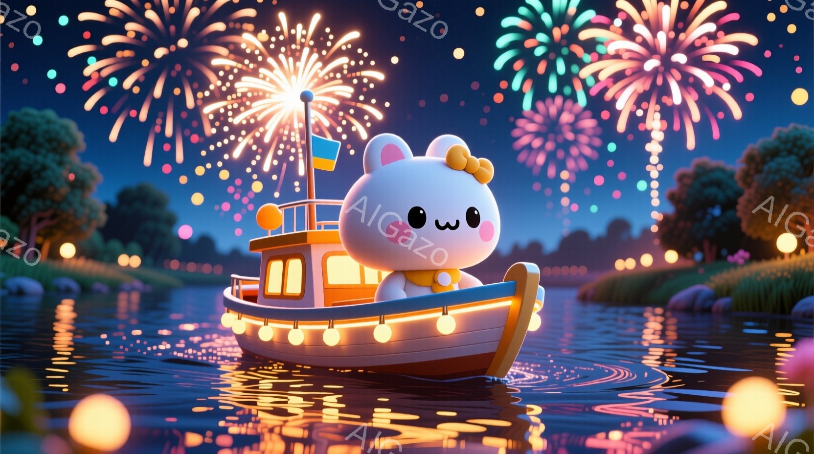 可愛らしいキャラクターが船の操縦席に座り、穏やかな水面を航行しています。夜空には色鮮やかな花火が咲き乱れ、水面にはその光が反射して幻想的な雰囲気を醸し出しています。背景には緑豊かな木々が立ち並び、暖かい光が灯された街並みが遠くに見え、お祝いムードを盛り上げています。