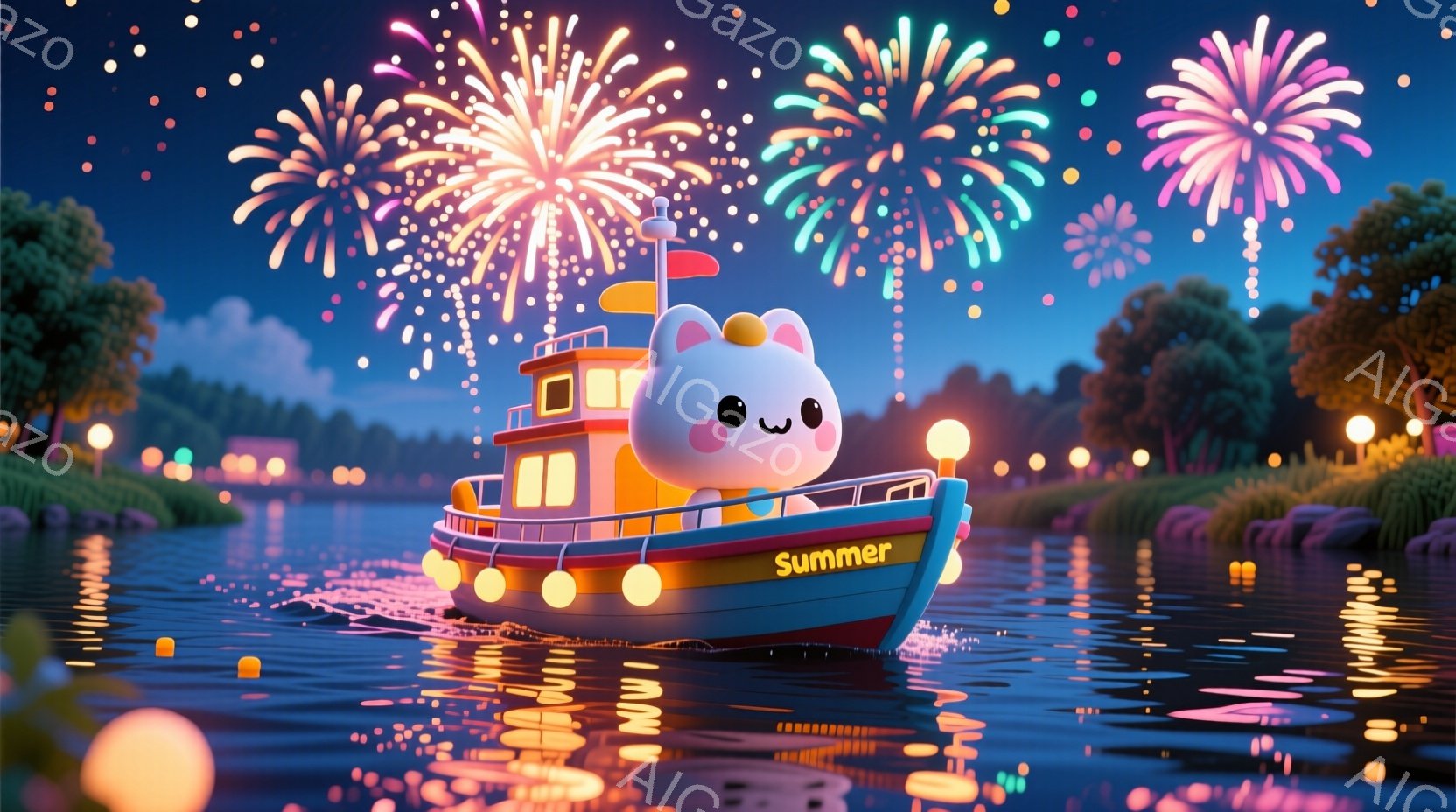 暗い水面を、かわいらしい青いボートが航行しています。ボートの前には笑顔の白い犬のキャラクターが立っており、楽しげな表情をしています。背景には緑豊かな木々、水面に映る光、そして夜空を彩る花火が広がり、穏やかで幻想的な夏の夜の雰囲気を醸し出しています。
