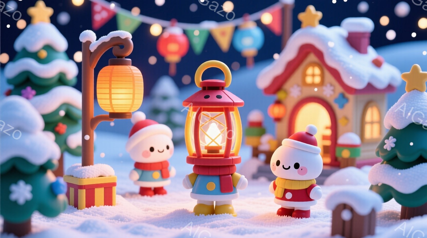 雪景色の中に、可愛らしい雪だるまのようなキャラクターたちが立っています。赤いサンタ帽と緑のセーターを着ており、顔はシンプルで愛らしい表情をしています。背景には、雪で覆われた建物やクリスマスツリー、そし - AI生成フリー素材