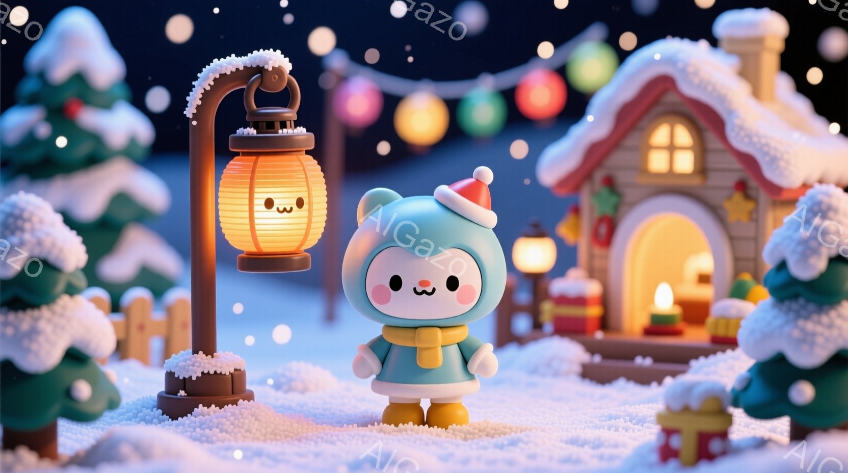 雪景色の中に、可愛らしいキャラクターが立っています。緑色のパーカーとオレンジ色のマフラーを身につけ、頭にはポンポン付きの帽子をかぶっています。背景には、雪で覆われた家々やクリスマスツリー、そして空には - AI生成フリー素材