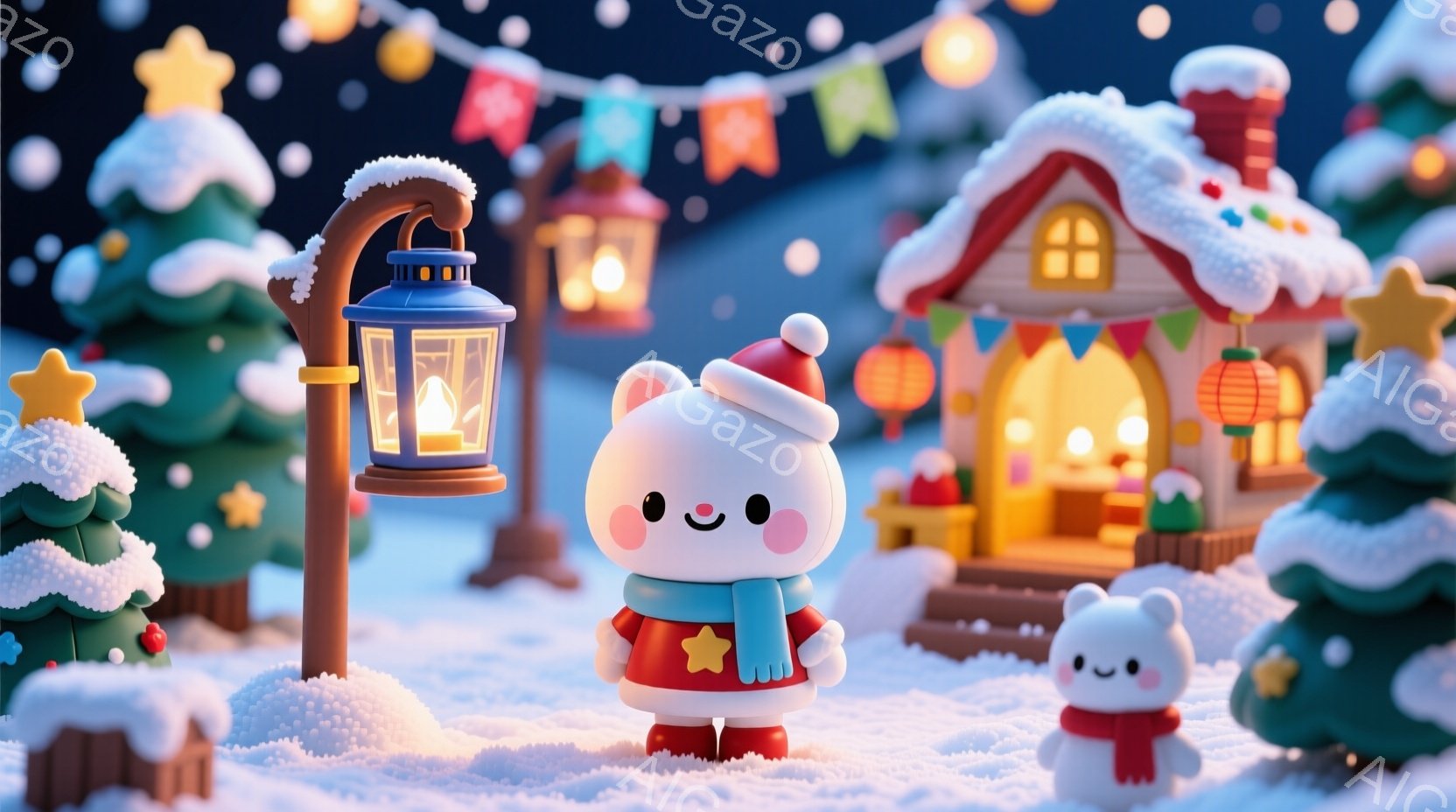 白いクマのキャラクターがクリスマスの衣装を着て雪景色の中に立っています。赤い帽子とマフラー、星の飾りがついた服を着ており、可愛らしい表情をしています。背景には、灯りがともった家々や雪に覆われたクリスマ - AI生成フリー素材