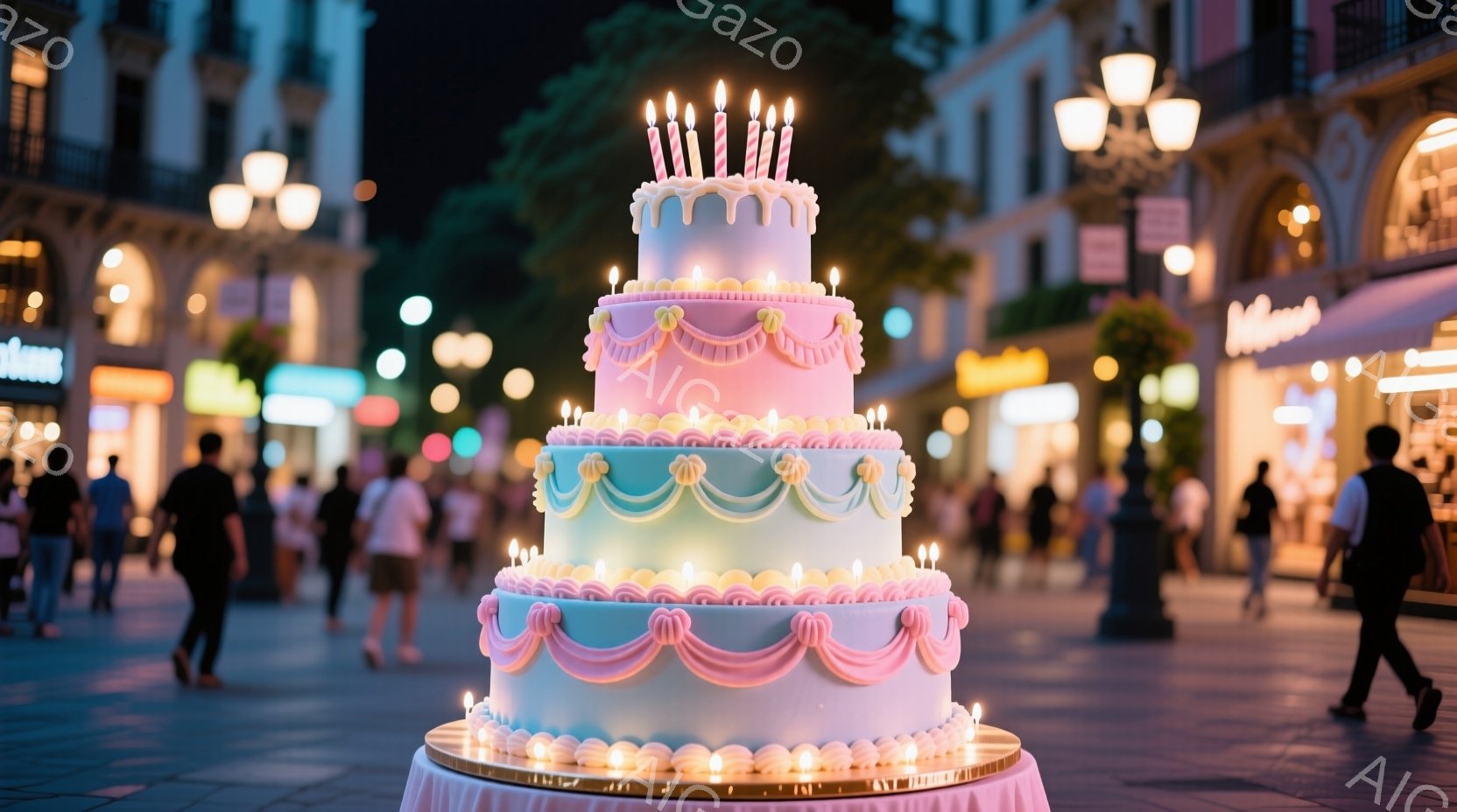 夜景で、人々が集まったショッピング街を逆から見るカラフルなバースデイケーキが中央に座っています。照明は点光源と白色の輝きで特徴付けられ、空は暗く星も見えるように美しく過ごしている様子が伝わります。 - AI生成フリー素材