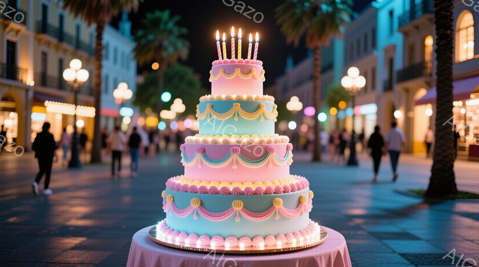 鮮やかなピンクと水色の層が重なった、装飾的な誕生日ケーキが中央に配置されている。ケーキの周囲にはクリームで作られたフリルが施され、最上部には点灯したキャンドルが並んでいる。背景には、パステルカラーの建 - AI生成フリー素材