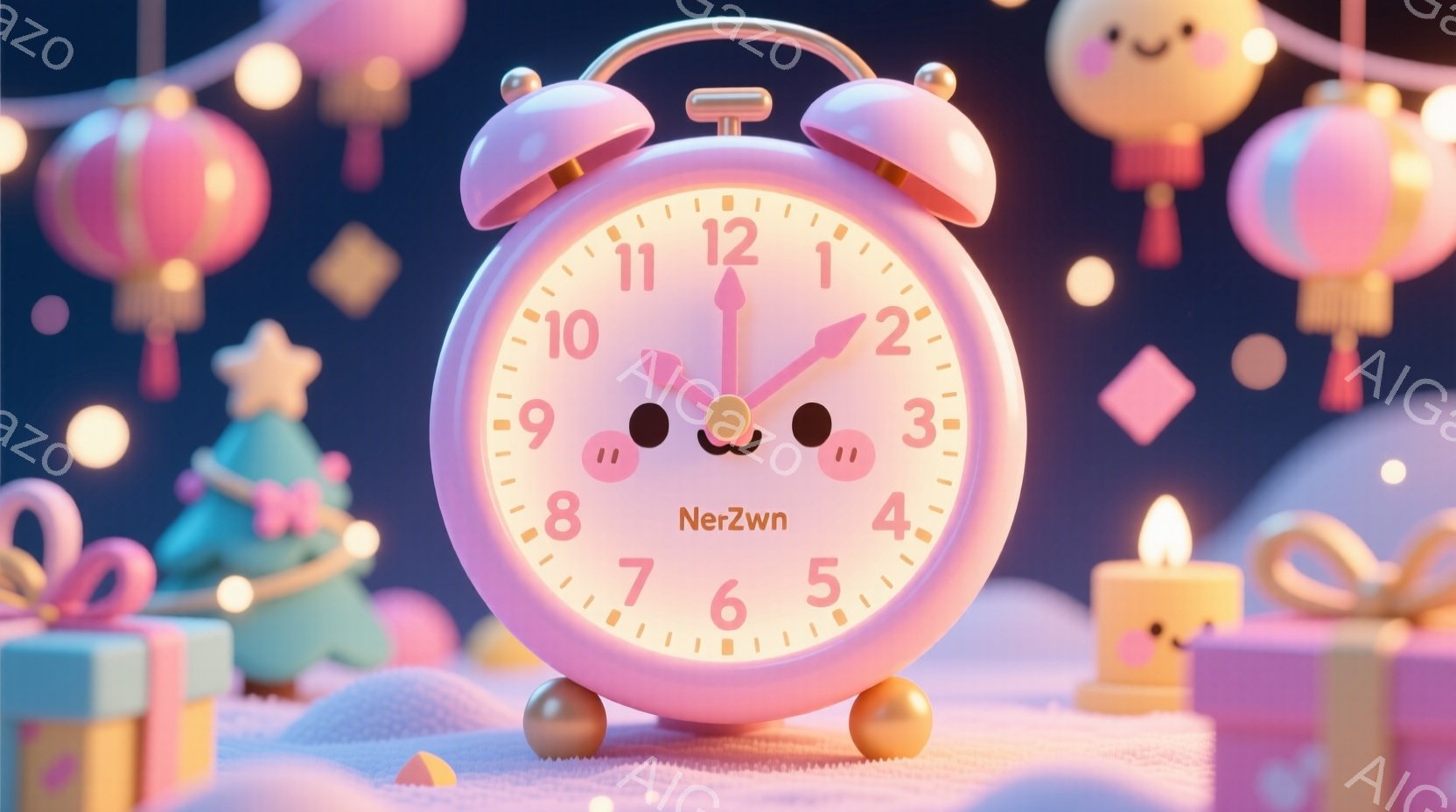 淡いピンク色の目覚まし時計が、雪のようなふわふわした背景に浮かび上がっています。時計の針は8時半を指しており、可愛らしい表情が施されています。背景には、パステルカラーのプレゼントやキャンドル、そしてほ - AI生成フリー素材