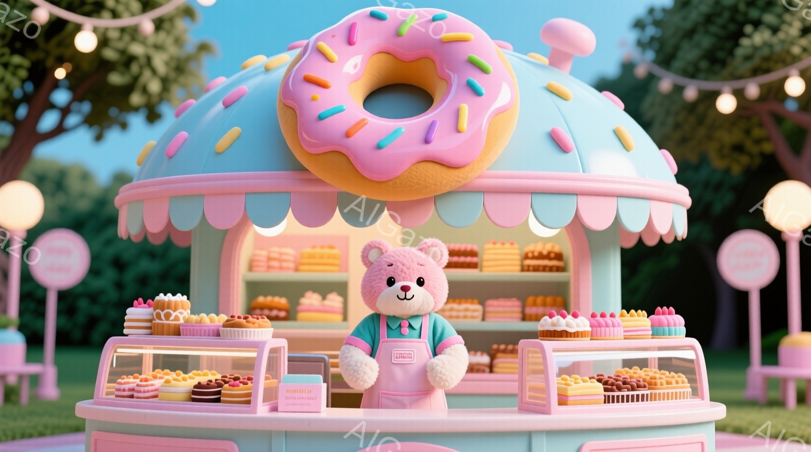 パステルピンクのドーナツを模した可愛らしい店舗が特徴的で、クマのぬいぐるみのお店の店員が笑顔で立っています。ショーケースには色とりどりのケーキやドーナツが並び、背景には緑豊かな木々が見え、晴れた日の温かい雰囲気を醸し出しています。全体的に、夢のような、甘くて幸せな世界が表現されています。