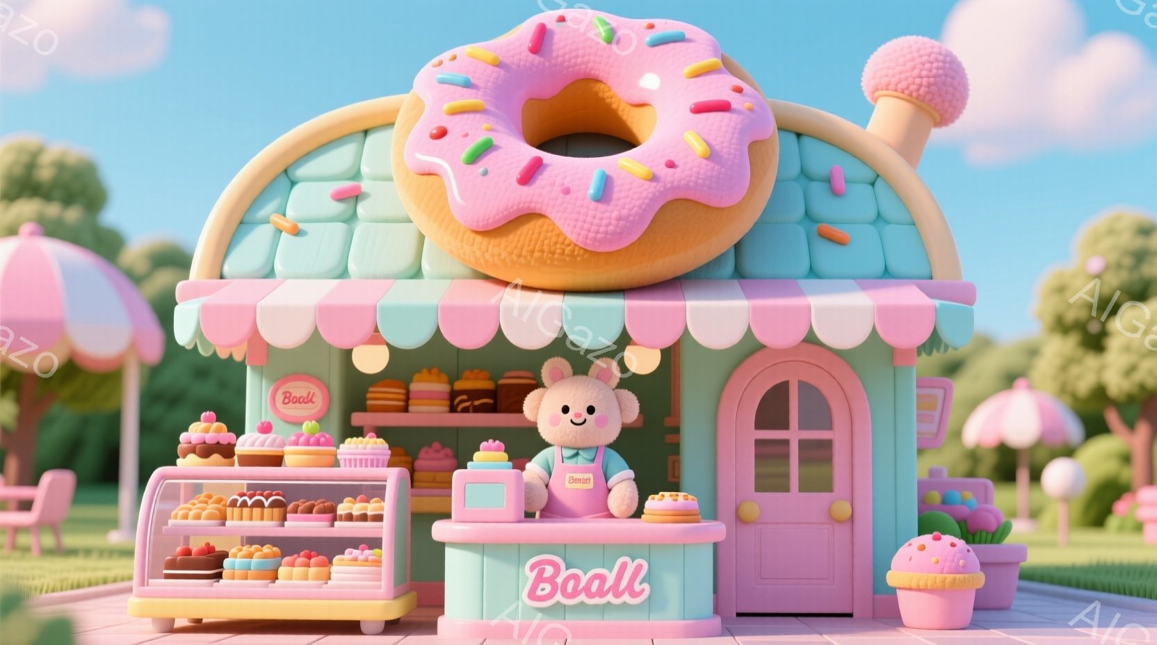 可愛らしいピンク色のドーナツ屋さんが描かれています。店員はクマのキャラクターで、エプロンを着用し、笑顔で立っています。背景には緑の芝生とピンク色のパラソルが並び、晴れた日の甘くて優しい雰囲気を醸し出しています。
