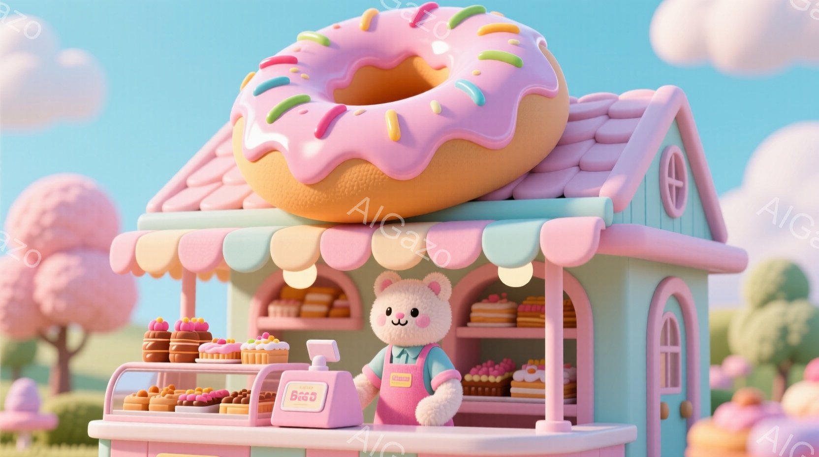 ピンク色の可愛らしいドーナツ屋さんが描かれています。クリーム色のクマの店員はエプロンを着て、レジの前に立っており、優しい表情を浮かべています。背景には、パステルカラーの建物や緑の芝生があり、まるで夢のような甘い世界が広がっています。