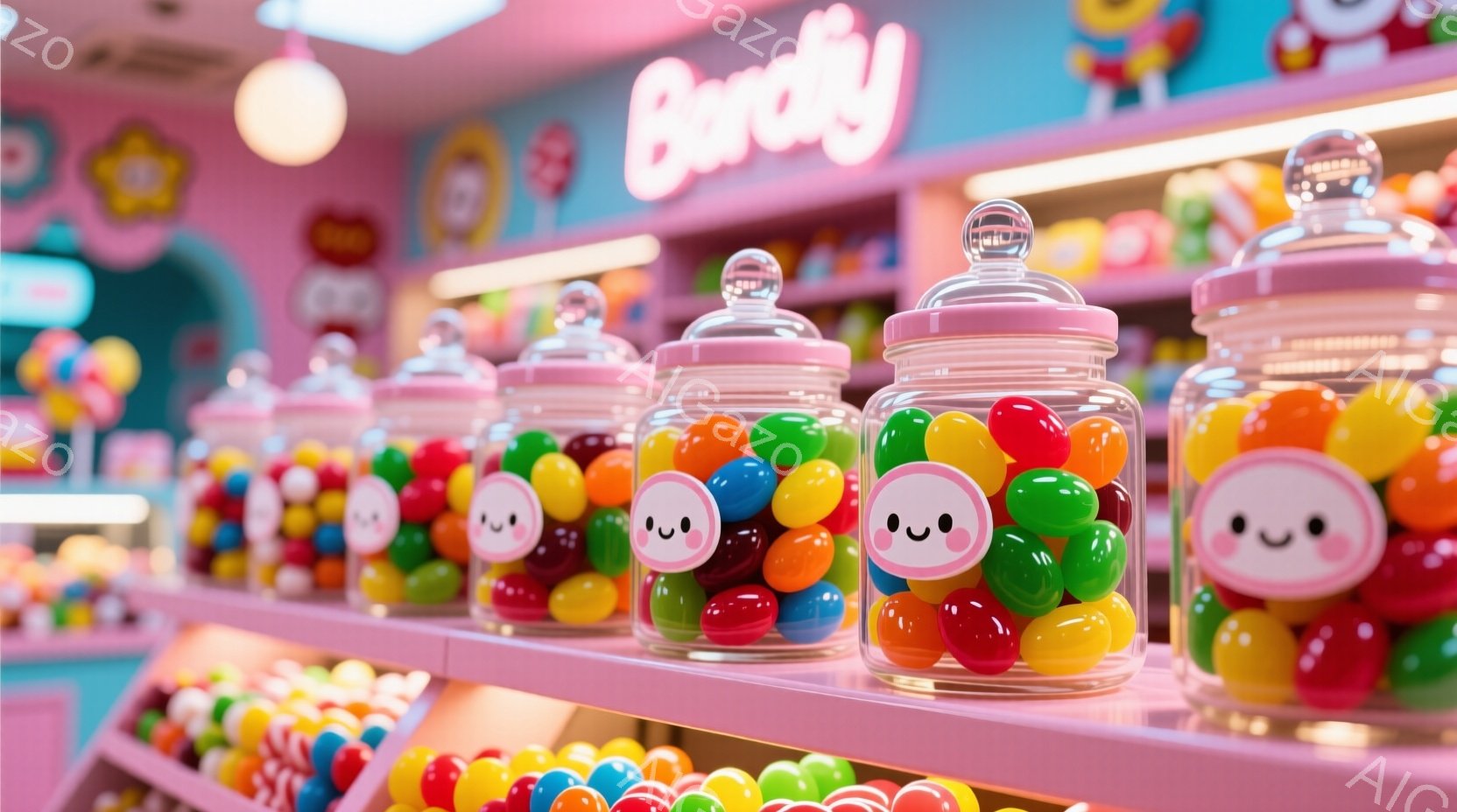 カラフルなキャンディーが透明な瓶にたくさん詰まっており、それぞれの瓶には可愛らしい笑顔のキャラクターが描かれています。ピンク色の棚に並べられた瓶は、背景の明るいピンク色の壁と組み合わさり、甘くて遊び心のある雰囲気を醸し出しています。背景には「Bardy」という文字が見え、お菓子屋さんのカラフルな内装の一部であることがわかります。