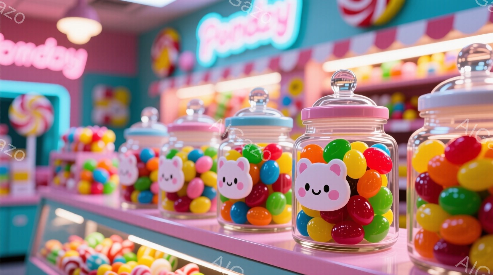 カラフルなグミキャンディが詰まったガラス瓶が棚に並んでいます。背景には、キャンディのイラストが描かれたピンク色の壁があり、明るく甘いお菓子の雰囲気が漂っています。全体的にポップで遊び心のある、お菓子屋さんの楽しい空間が表現されています。