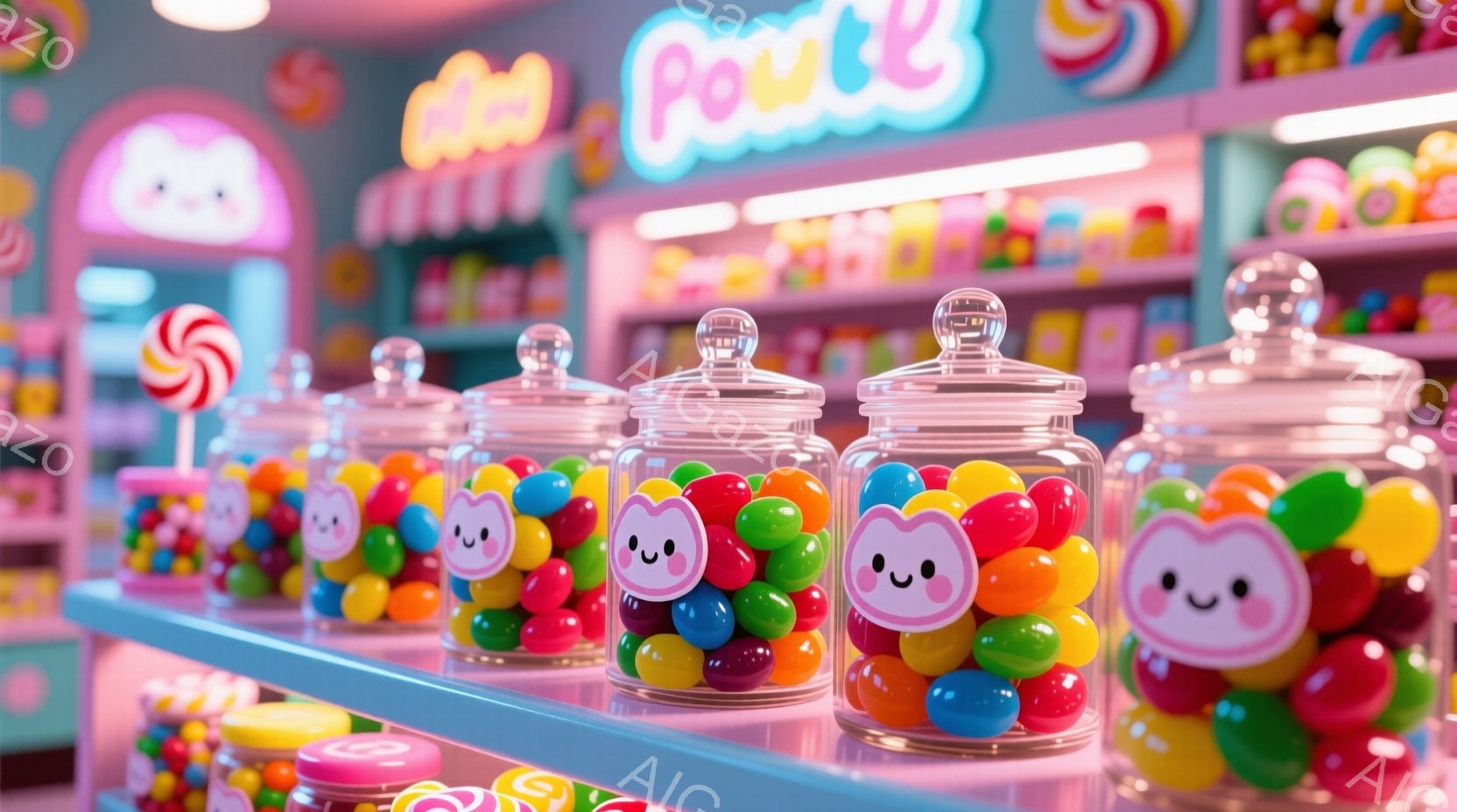 鮮やかなキャンディが詰まったガラスの瓶が、ピンク色のカウンターの上に並んでいます。背景には、カラフルなキャンディやスイーツで飾られた店内の様子が見え、ポップで楽しい雰囲気が漂っています。瓶の中のキャン - AI生成フリー素材