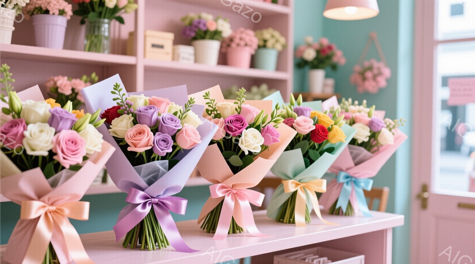 ピンクと白を基調とした花屋で、様々な色のバラの花束が整然と並べられています。各花束は包装紙で丁寧に包まれ、明るい色のリボンで結ばれており、柔らかく華やかな雰囲気を醸し出しています。背景には、さらに花が飾られた棚が見え、店の可愛らしい内装が強調されています。