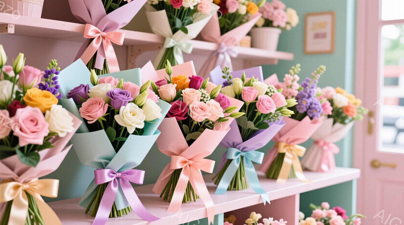白い棚に、色とりどりのバラの花束が整然と並べられています。ピンク、黄色、紫、白など、パステルカラーの花束はそれぞれ異なるリボンで結ばれており、可愛らしい雰囲気を醸し出しています。背景には、淡い緑色の壁 - AI生成フリー素材