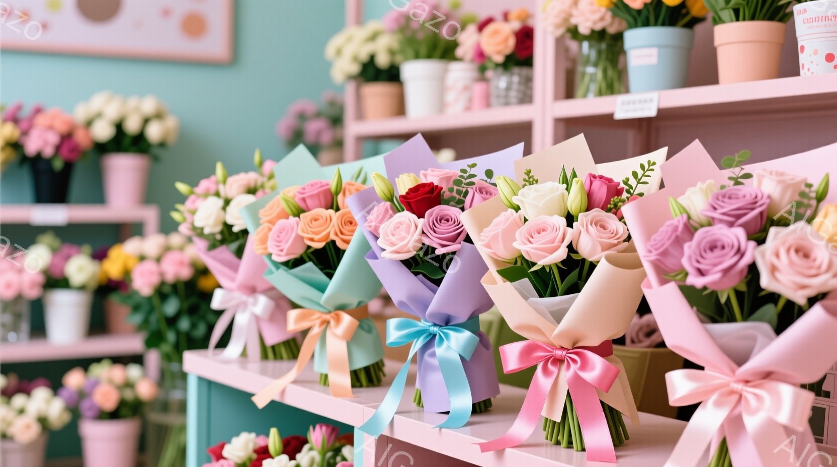 ピンク色の棚にラッピングされた様々な色のバラの花束が並べられています。各花束は異なる色のリボンで結ばれ、全体的にパステルカラーで統一された、可愛らしい雰囲気です。背景には、花が入った壺がいくつか置かれ、花屋の一角を切り取ったような光景です。