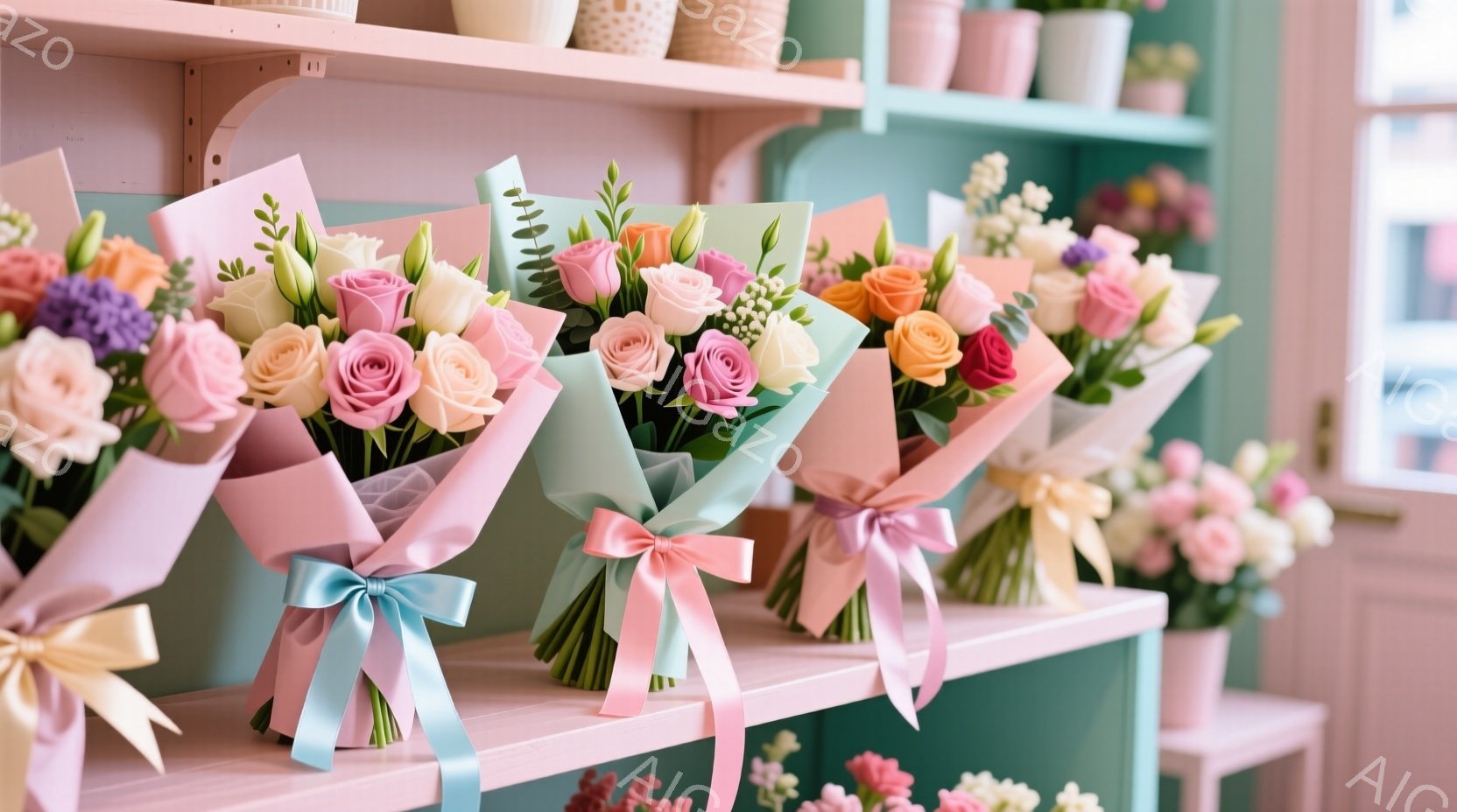 浅緑色の棚に、包装紙とリボンで美しくラッピングされた様々な色のバラのブーケが並べられています。ブーケはそれぞれ異なる色のリボンで結ばれており、ピンク、オレンジ、白、紫などの色が混ざり合っています。背景には、同様のブーケが並んだ棚が続き、明るく華やかな花屋の雰囲気が漂います。