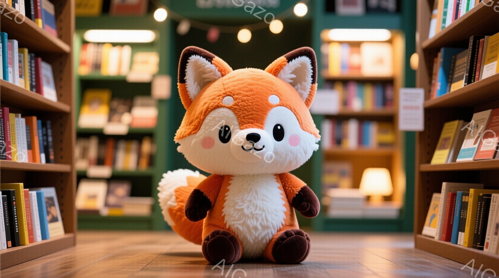 温かい色合いのブックストアの中央に、ふわふわのオレンジ色のキツネのぬいぐるみがあります。キツネは正面を向いて座っており、つぶらな瞳と微笑みを浮かべています。背景には本棚が並び、暖かく居心地の良い雰囲気が漂っています。