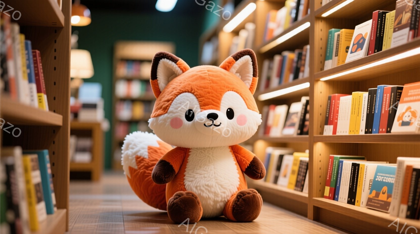 オレンジ色のふわふわのキツネのぬいぐるみは、木の床の前に座っています。背景には、様々な色やサイズの書籍が並んだ本棚が整然と並び、温かみのある照明が本棚を照らしています。全体的に、暖かく、居心地の良い、 - AI生成フリー素材