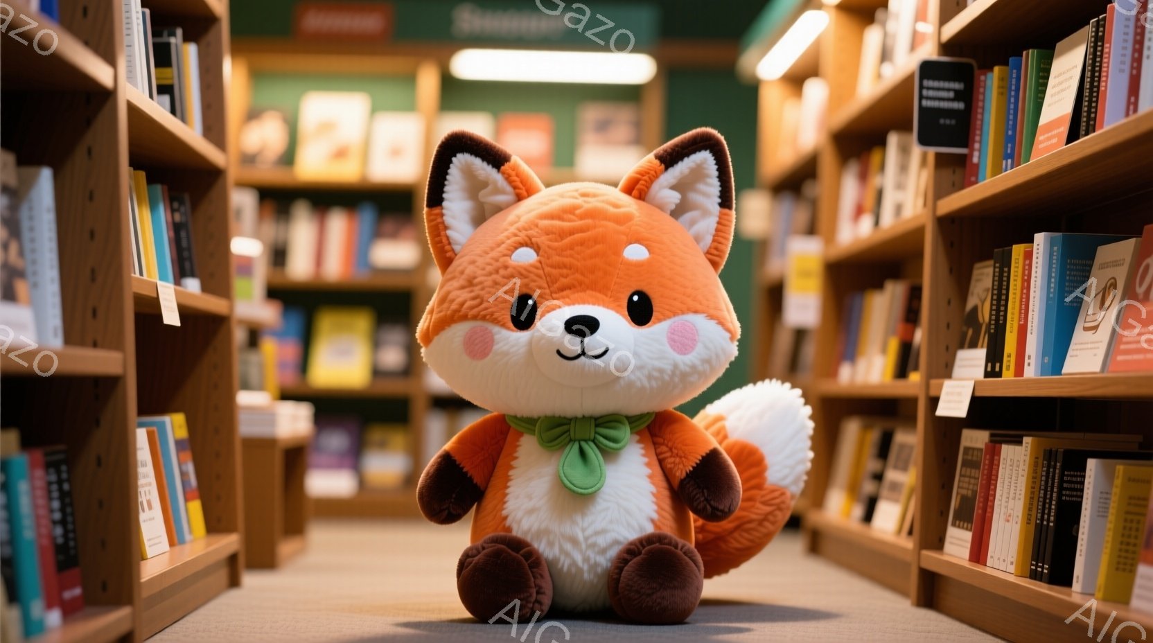 明るいオレンジ色の狐のぬいぐるみは、薄緑色の蝶ネクタイをつけ、本棚が並ぶ書店の床に座っています。その表情は穏やかで、丸い目と少し微笑んだ口元が愛らしい印象を与えます。背景には、様々な色の本がぎっしりと - AI生成フリー素材
