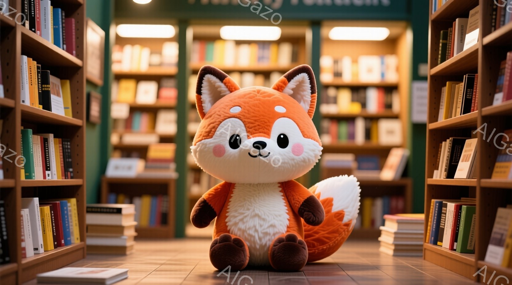 暖かく柔らかなオレンジ色のキツネのぬいぐるみは、本棚の間に座っており、丸く可愛らしいフォルムをしています。つぶらな瞳と小さな鼻が愛らしく、穏やかな表情を浮かべています。背景は天井まで届くたくさんの本棚 - AI生成フリー素材