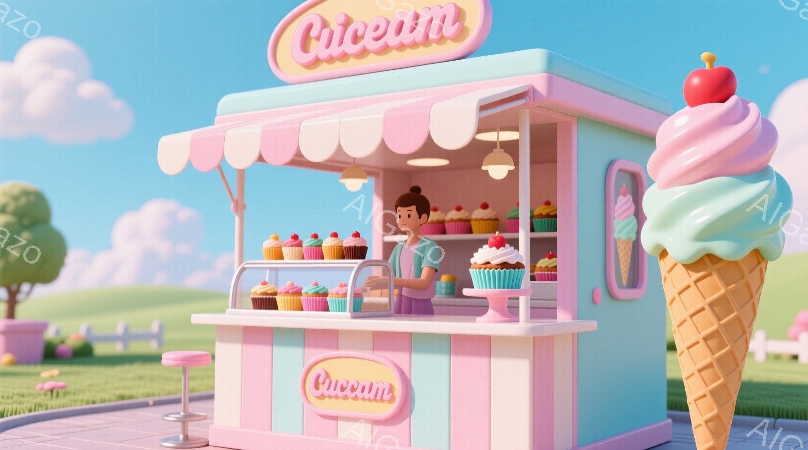 ピンクと水色のストライプが特徴的なアイスクリーム屋台が描かれています。若い女性は、緑色のシャツを着ており、髪をポニーテールにしています。背景には緑の丘と青い空が広がり、晴れた日の穏やかな雰囲気が漂って - AI生成フリー素材