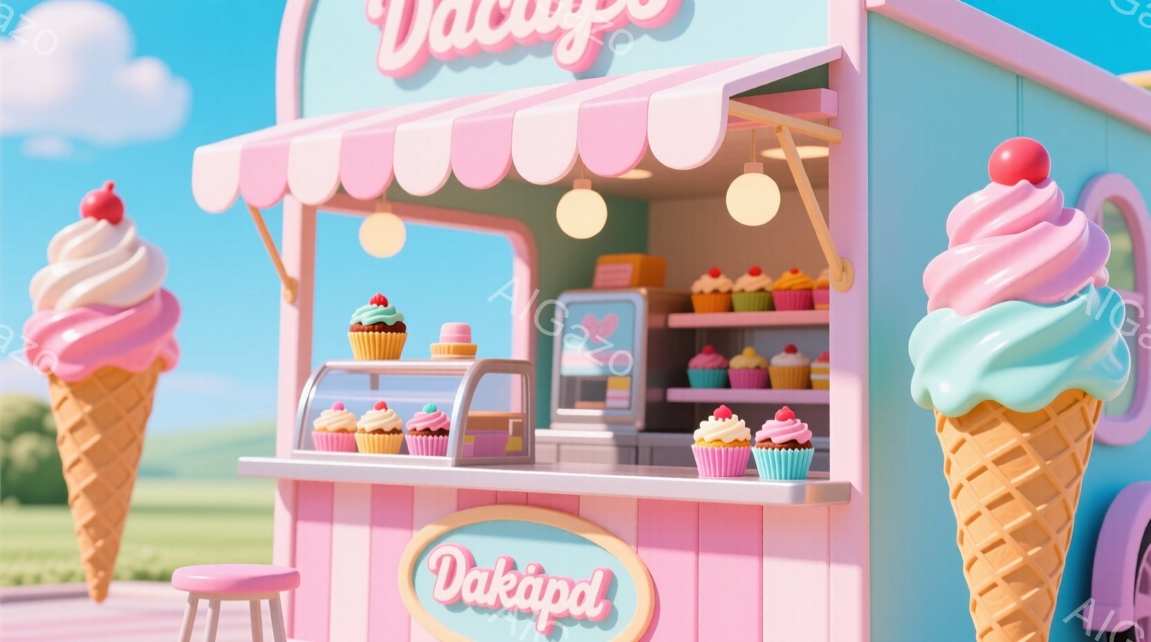ピンク色の可愛らしいアイスクリーム屋台が写っています。ショーケースにはカラフルなカップケーキが並び、屋台の上には大きなソフトクリームのオブジェが飾られています。背景は緑の芝生と青い空で、天候は晴れで、全体的に甘くて夢のような雰囲気が漂っています。