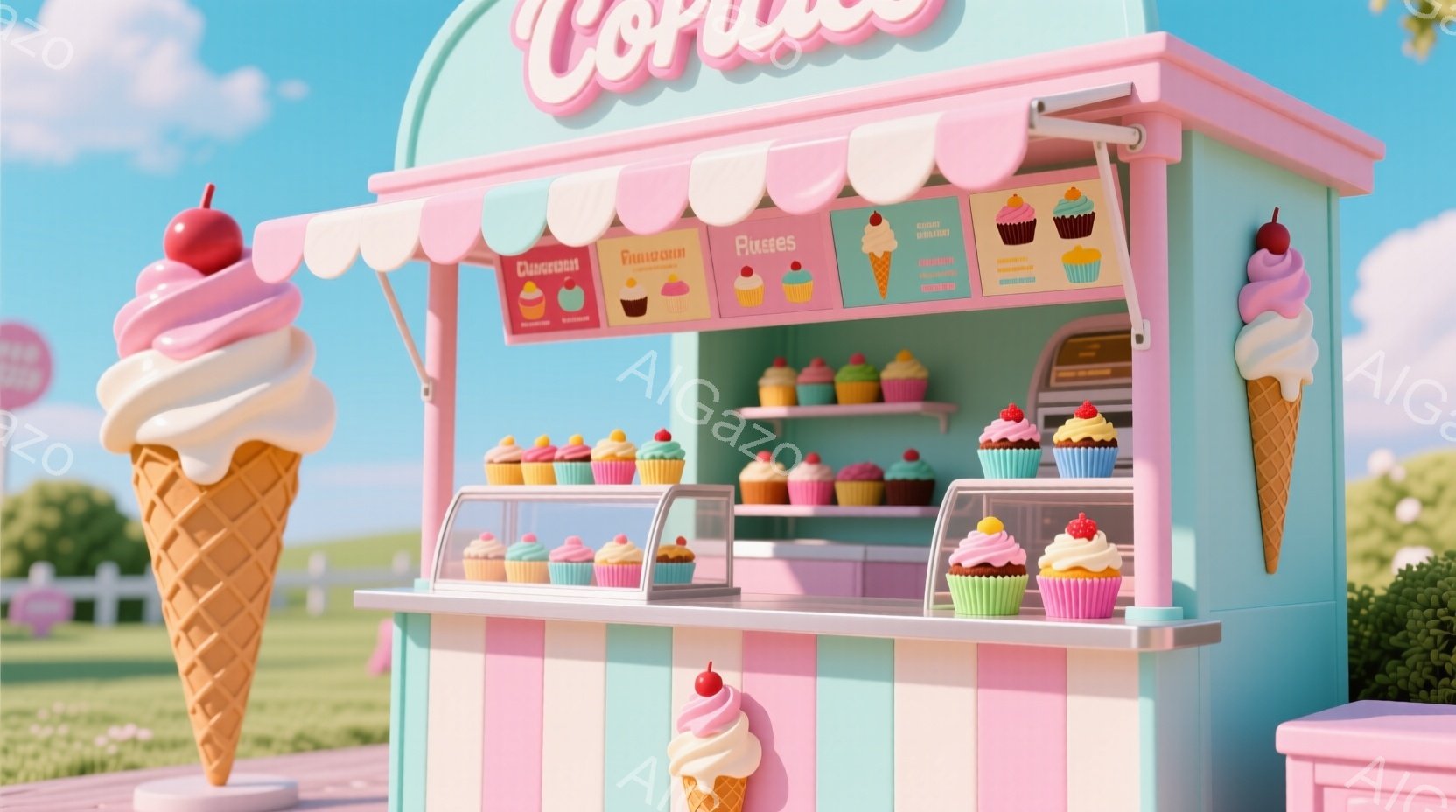 パステルカラーの可愛らしいアイスクリームとカップケーキの店が写っています。店は薄いピンクと水色のストライプで装飾され、ショーケースには色とりどりのカップケーキとアイスクリームが並んでいます。背景には緑 - AI生成フリー素材