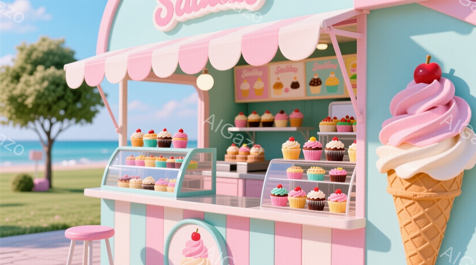 明るいピンクと水色のストライプが特徴的なカップケーキ屋台が写っています。ショーケースには色とりどりのカップケーキが並び、一方には巨大なソフトクリームのオブジェが置かれています。背景には穏やかな海と青空が広がり、温かく、甘い雰囲気を感じさせます。