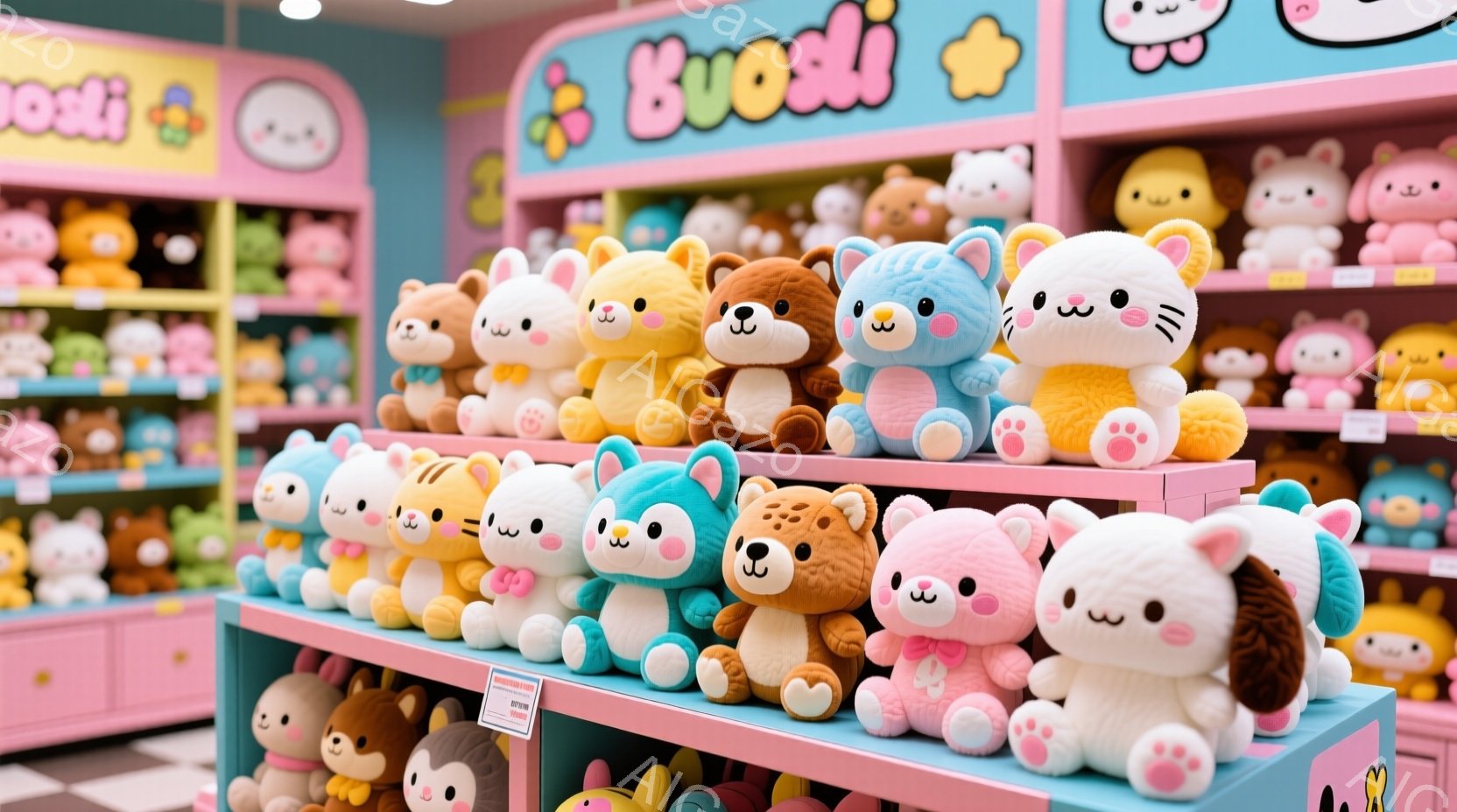 店内には、様々な色のふわふわとした動物のぬいぐるみたちが棚に並べられています。ピンク、オレンジ、水色、茶色など、カラフルなぬいぐるみたちは皆、愛らしい表情を浮かべており、可愛らしい雰囲気を醸し出してい - AI生成フリー素材