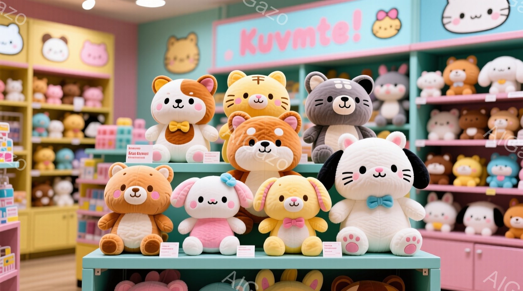 ぬいぐるみたちが棚に整然と並べられています。ピンク、茶色、白などのパステルカラーで、それぞれ可愛らしい表情と小さな服を着ています。背景には、同じぬいぐるみがたくさん並んだピンク色の棚があり、明るくおもちゃのような雰囲気が漂っています。