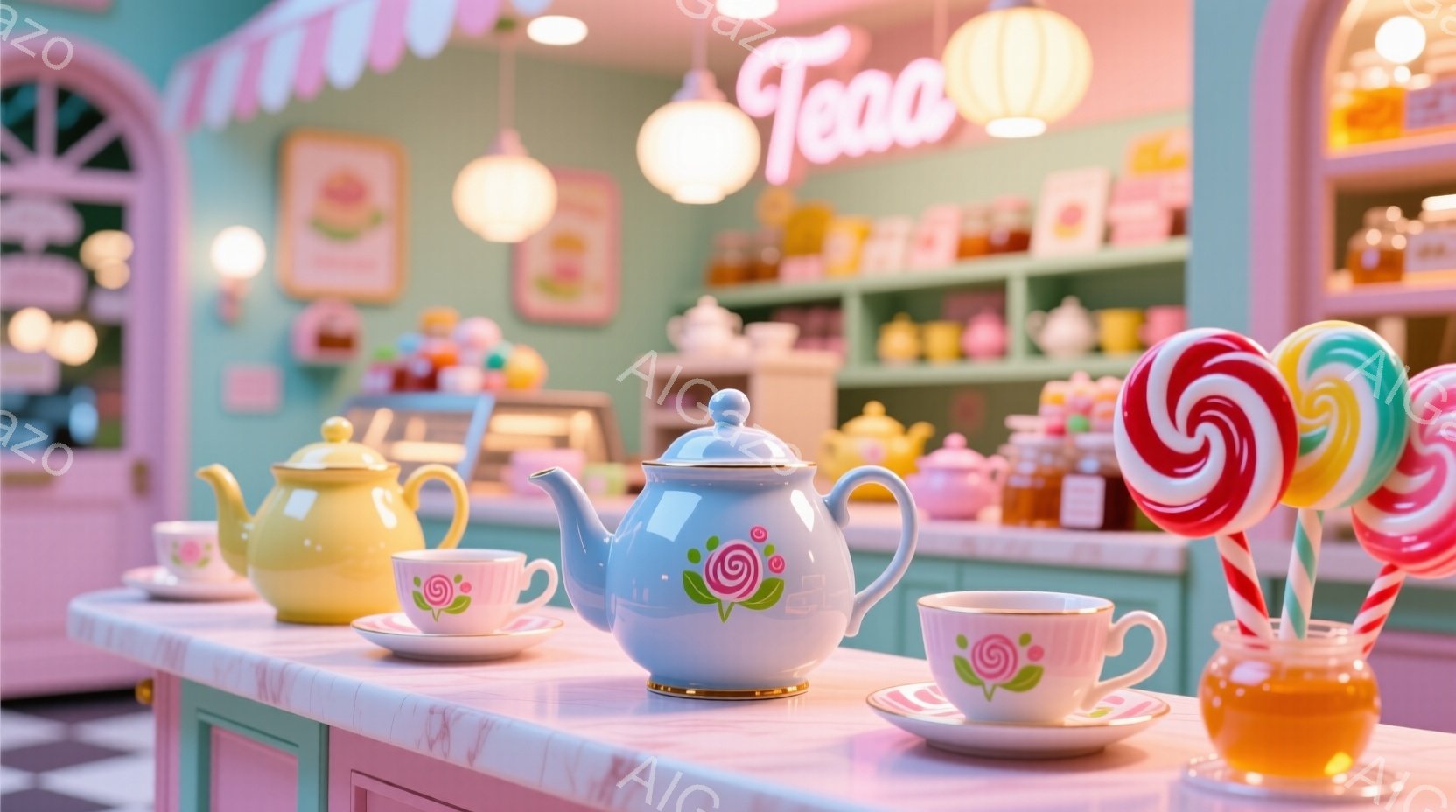 淡いピンクと水色の可愛らしい内装のティーショップで、テーブルの上には花柄のティーポットとティーカップが並べられています。背景には、お菓子や瓶が並んだ棚があり、キャンディが飾られています。全体的にパステルカラーで統一され、甘くて夢のような雰囲気が漂っています。