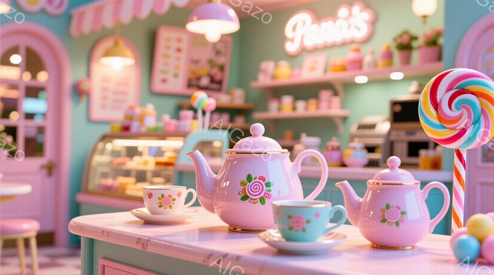 ピンク色のティーポットとカップが、ピンクと白のストライプのテーブルの上に並べられています。背景には、カラフルなキャンディーやケーキが並んだショーケース、そして「Pani’s」と書かれたネオンサインが見え、お菓子屋さんのような可愛らしい雰囲気が漂っています。全体的にパステルカラーで統一され、夢のような、甘い空間が表現されています。