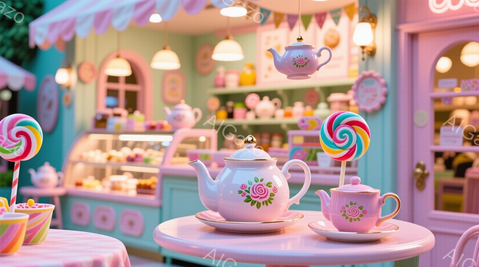 明るいピンク色のテーブルの上に、花柄のティーポットとカップが置かれています。背景には、ケーキやクッキーが並んだショーケース、カラフルなキャンディ、可愛らしい装飾が施された建物が見え、お菓子の国のような夢のような雰囲気を醸し出しています。全体的に甘くて優しい色彩で、まるで童話の世界に迷い込んだような感覚を覚えます。