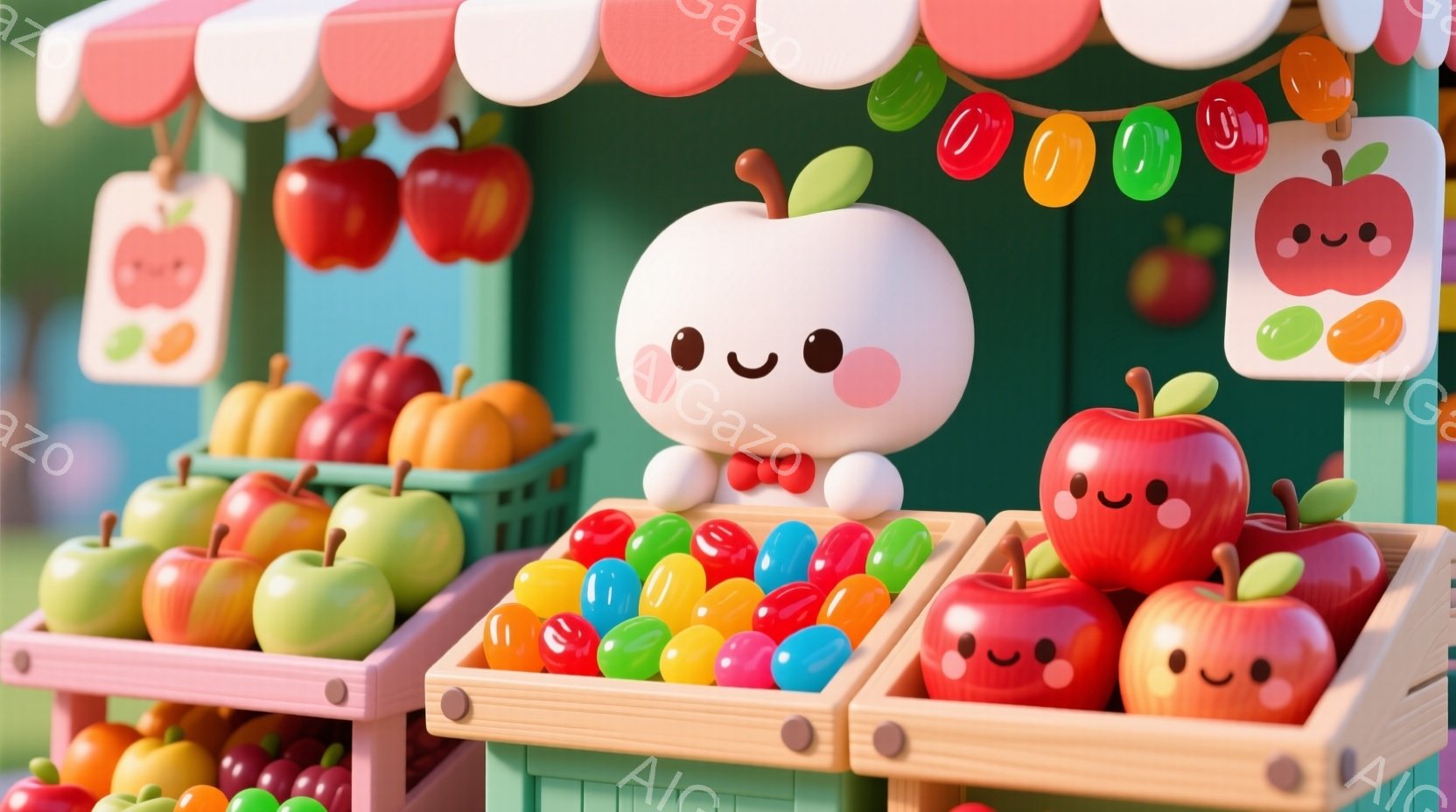 鮮やかな色彩の果物屋台が描かれています。リンゴやブドウ、グミなどが可愛らしい箱に並べられ、中央には頬を赤らめた、つぶらな瞳の白いキャラクターが座っています。全体的に明るく、ポップで、遊び心に満ちた雰囲気です。