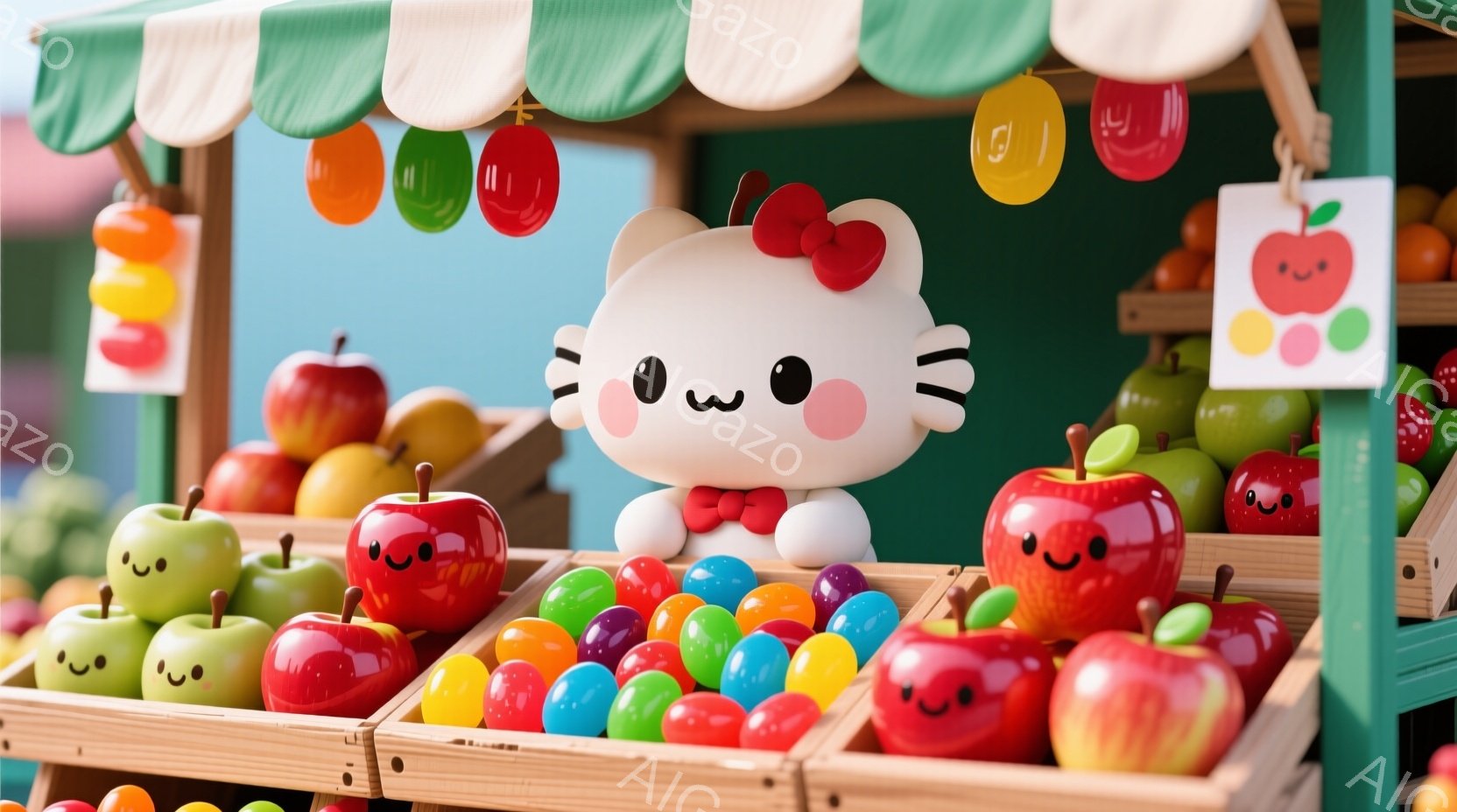 明るい木製の屋台には、可愛らしい笑顔のりんごが所狭しと並べられています。屋台の上には、色とりどりのりんごの飾りと、顔のついた小さなりんごのイラストが吊るされています。全体的に暖かく、遊び心のある雰囲気で、まるで子供向けの楽しいお祭りや市場のようです。