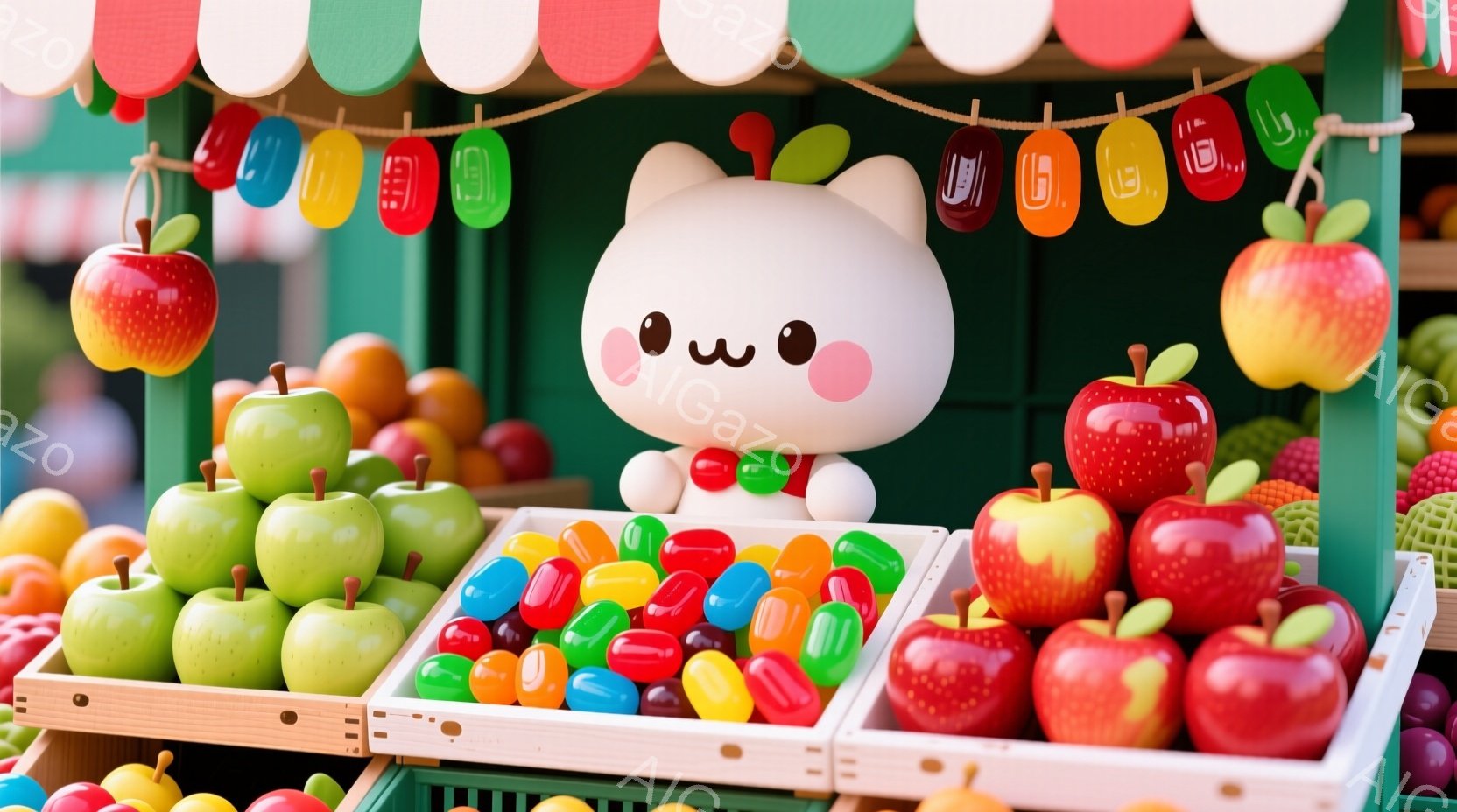 りんごやキャンディが並んだ市場の屋台を写しています。中央には、つぶらな瞳と微笑みを浮かべた白い熊のぬいぐるみが座っており、周囲は赤や緑のりんご、カラフルなキャンディで賑わっています。屋台の上には、りんごをモチーフにしたガーランドが飾られており、明るく可愛らしい雰囲気を演出しています。
