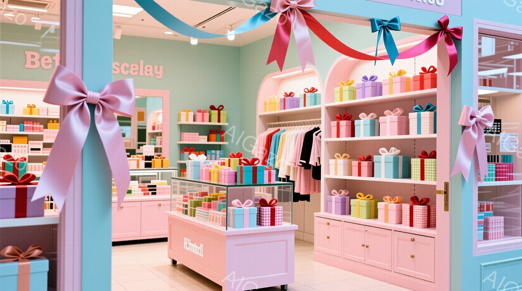 パステルカラーで装飾された、ギフトと洋服を販売するお店の内部です。ピンク、紫、水色のギフトボックスが棚に積み上げられ、壁にはカラフルな洋服が並んでいます。全体的に明るく、お祝いのような華やかな雰囲気が - AI生成フリー素材