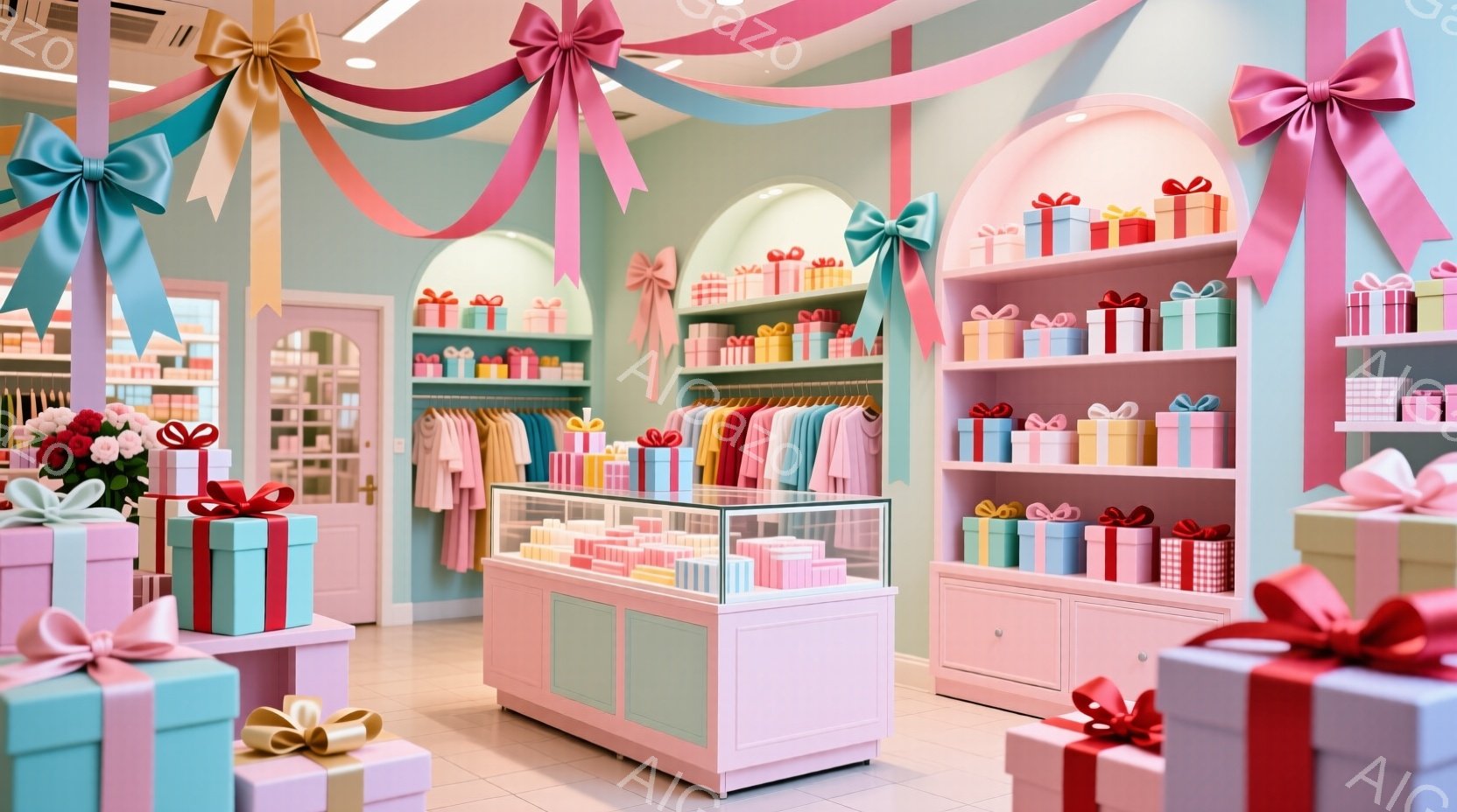 パステルカラーを基調としたギフトショップの内部で、ピンク、水色、黄色のリボンで飾られたギフトボックスが積み上げられています。棚には、パステルカラーの服が整然と並べられており、店の奥にはカウンターが見え - AI生成フリー素材