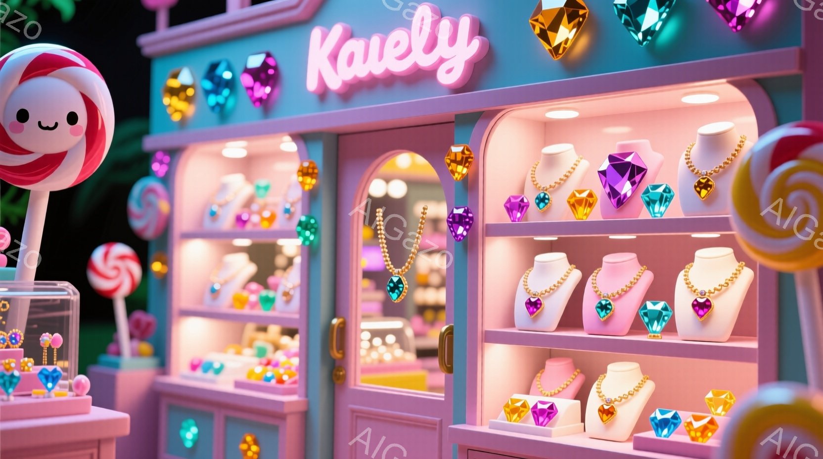 鮮やかなピンク色の宝石店が写っています。ショーケースにはカラフルなネックレスや宝石が並び、まるでキャンディのような可愛らしい雰囲気です。店の上には「Kavely」という文字があり、背景には渦巻き状のキ - AI生成フリー素材