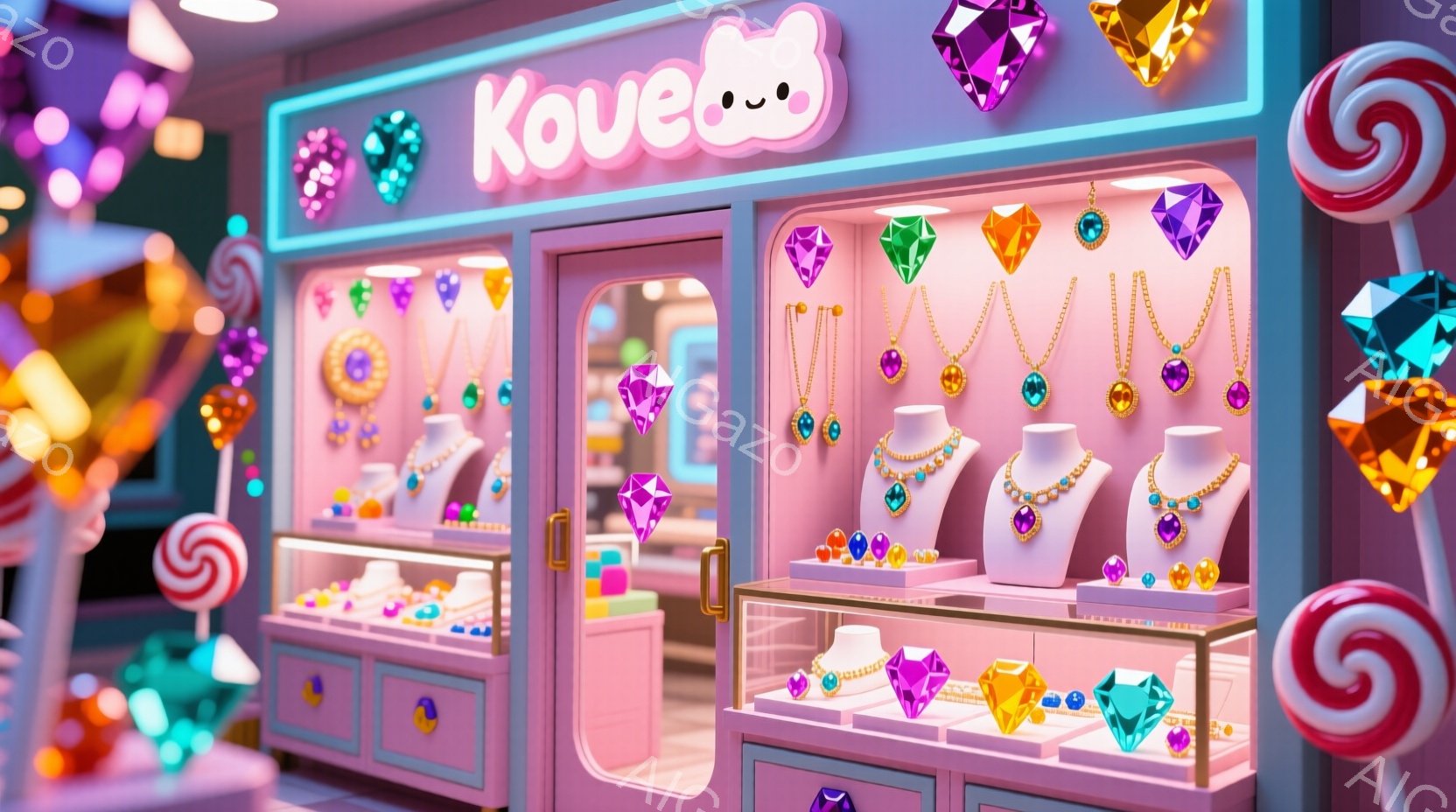 ピンク色のショーケースが並んだ宝石店が描かれています。ショーケースの中には、カラフルな宝石が輝くネックレスやブレスレットが所狭しと並べられ、左側と右側には渦巻状のキャンディが飾られています。明るい色彩 - AI生成フリー素材